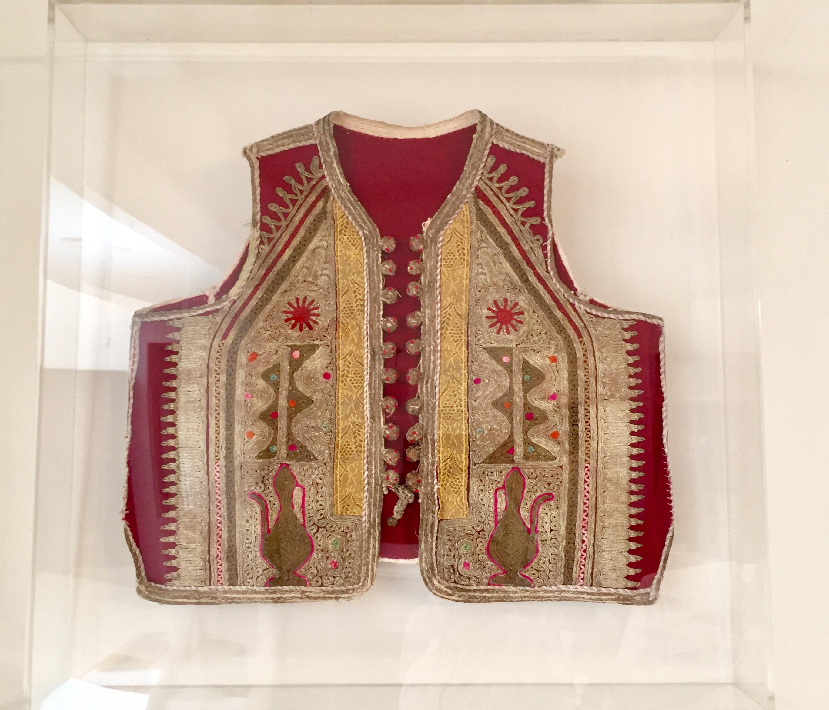 19th Century Antique Ottoman Embroidered Vest Framed in a Lucite Box In Good Condition In North Hollywood, CA