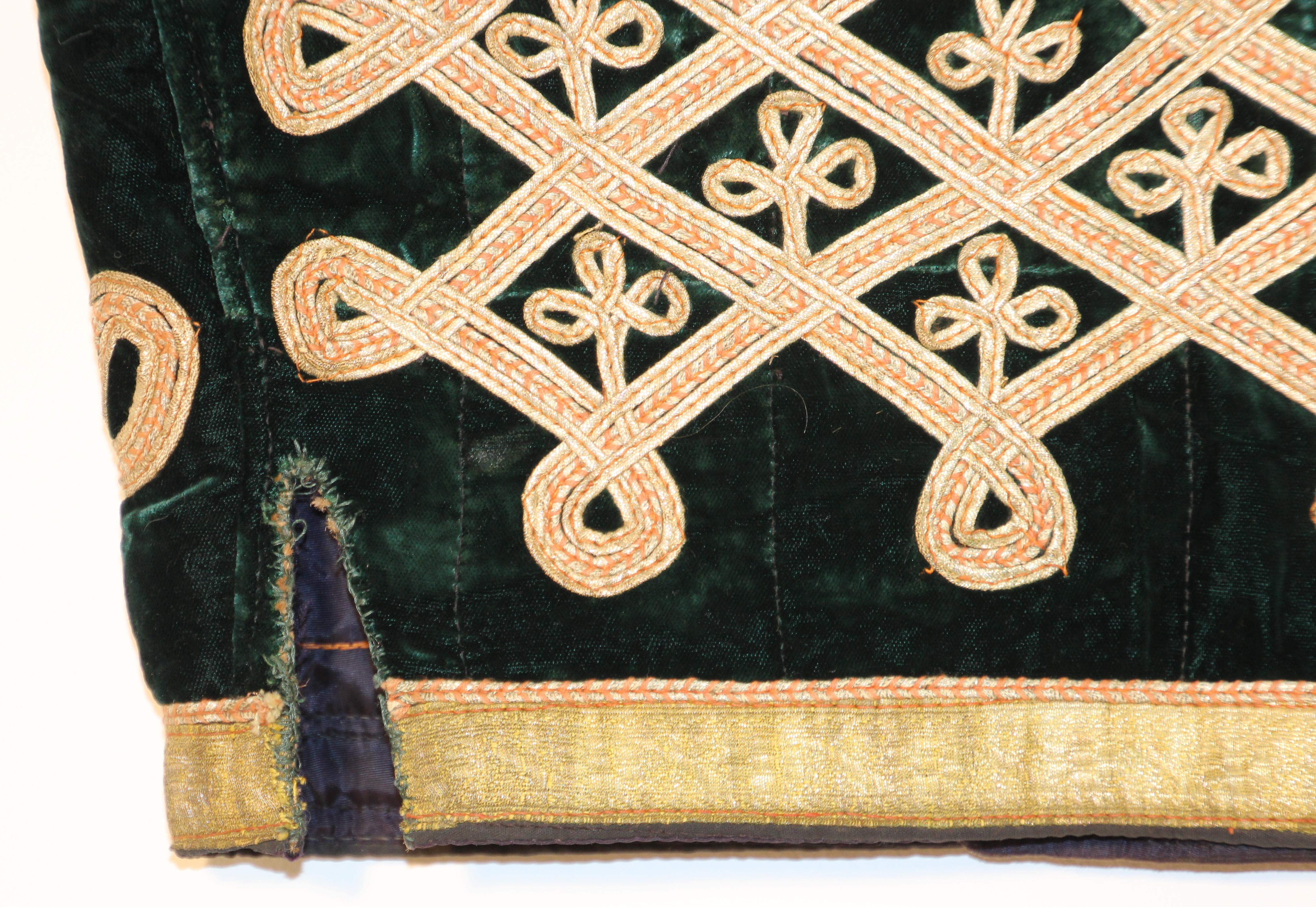 Hand-Crafted Antique Ottoman Emerald Green and Gold Thread Embroidered Vest For Sale