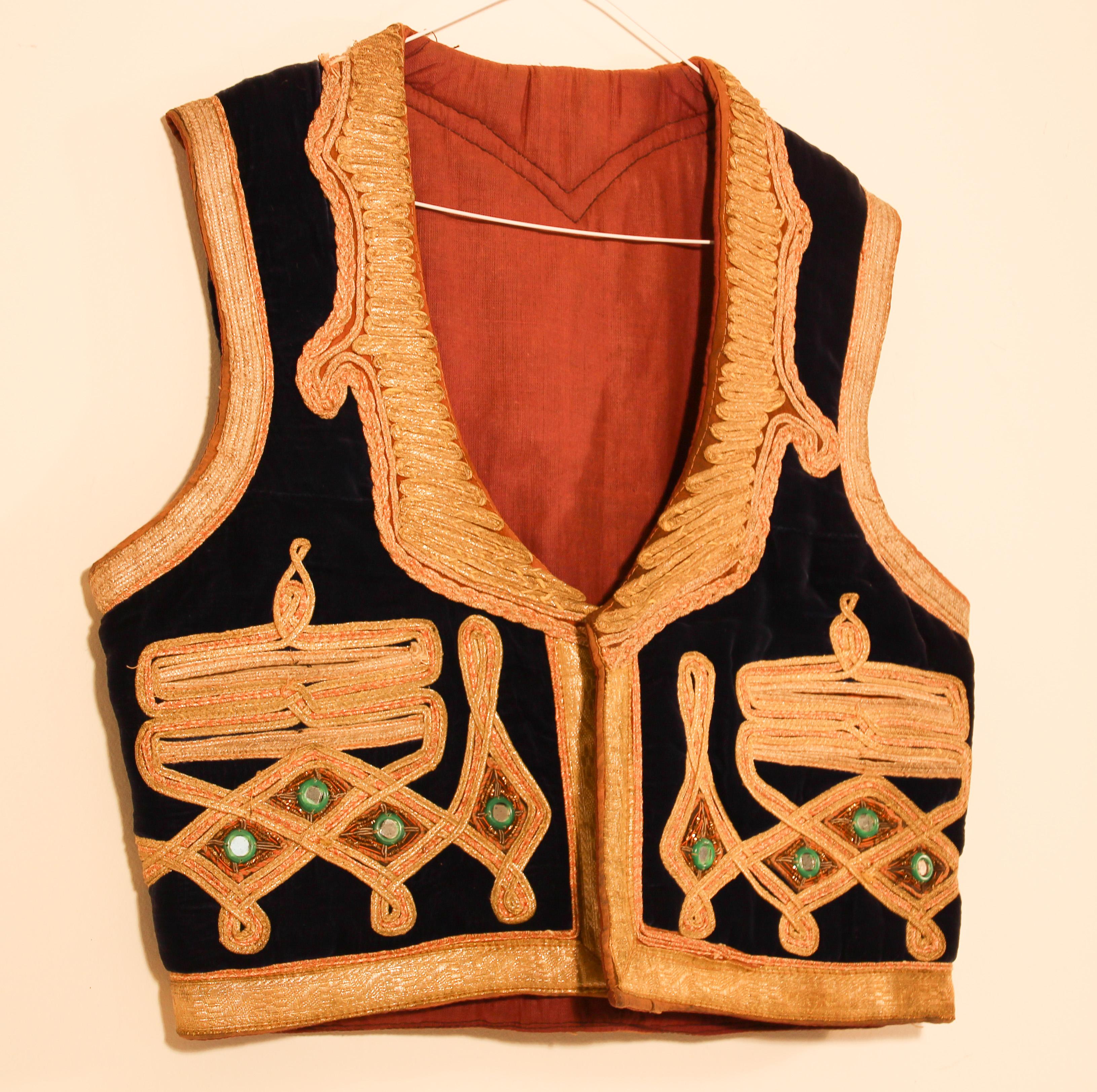 Hand-Crafted 19th Century Antique Ottoman Royal Blue and Gold Thread Embroidered Vest