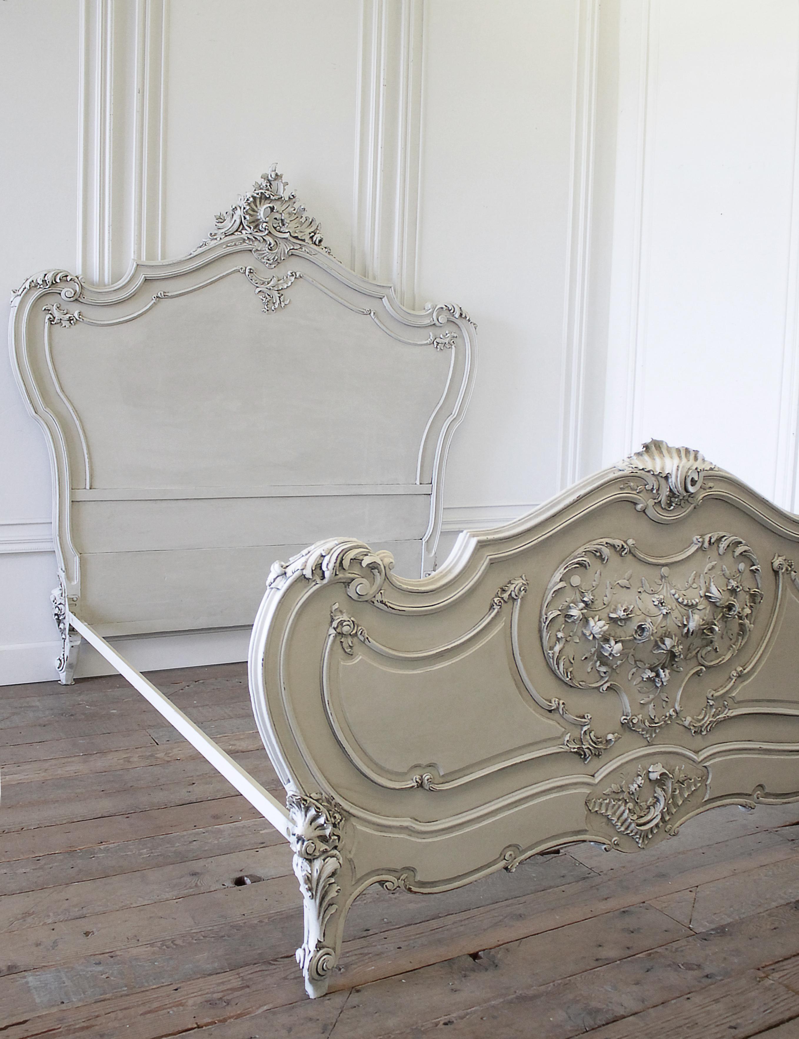 19th Century Antique Painted Louis XV Style Carved Bed 14