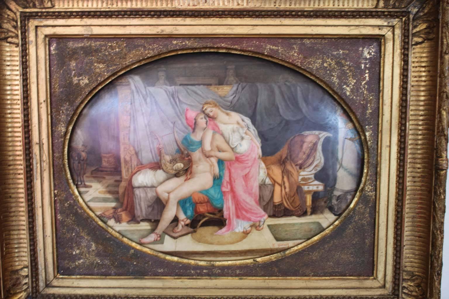 Painting on a oval porcelain plaque representing an antique scene, signed C Guenez. Date 1876. Framed.
Dimensions without frame: L 24cm, H 16.5cm
With frame: L 36cm, H 31cm, thickness 4cm.