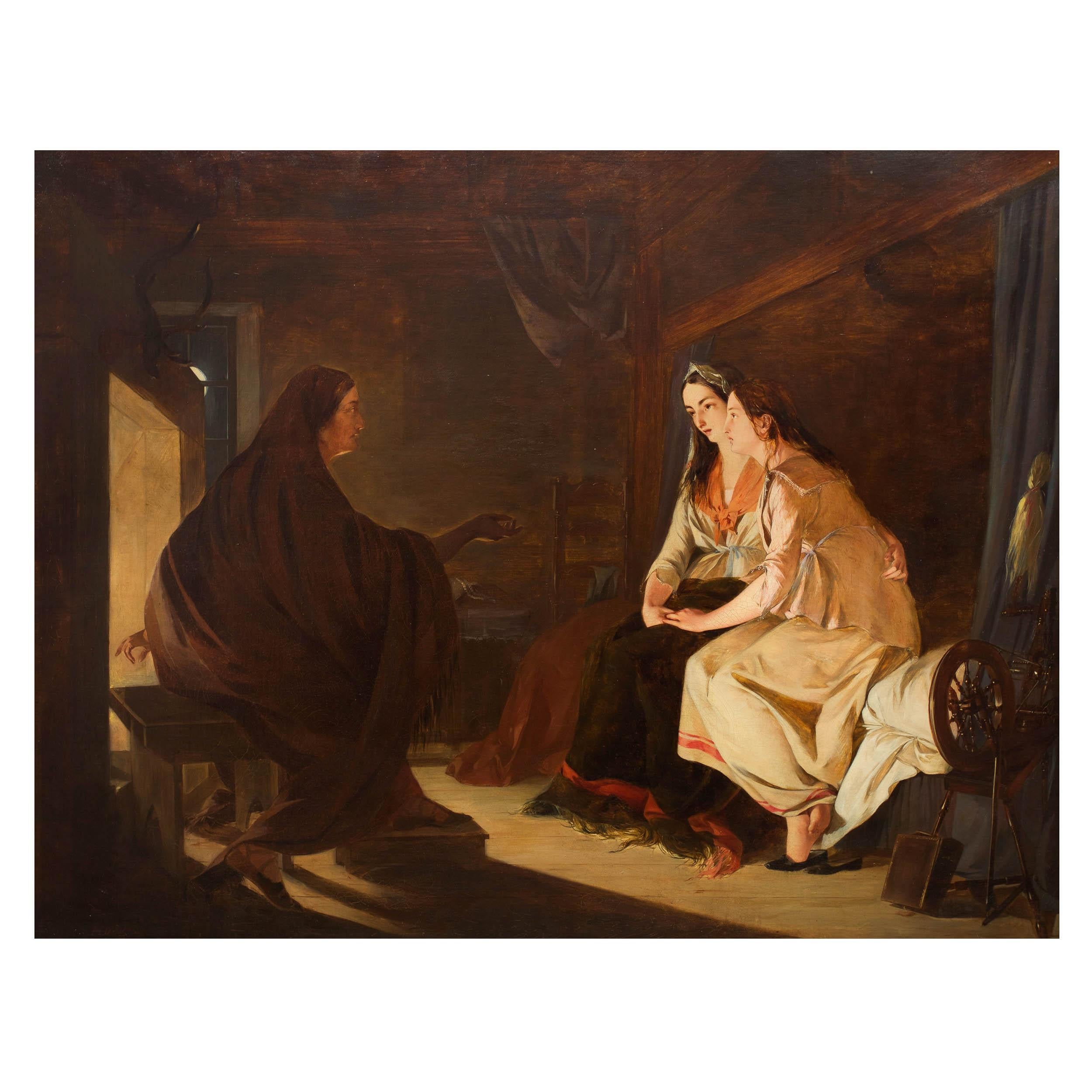 Seated on the edge of the bed, two sisters shrink in fascination before their eerie guest, the mysterious visitor seated before the glow of the fire and offering them a glimpse of the future. O'Neil steeps the scene in tension with the heavy