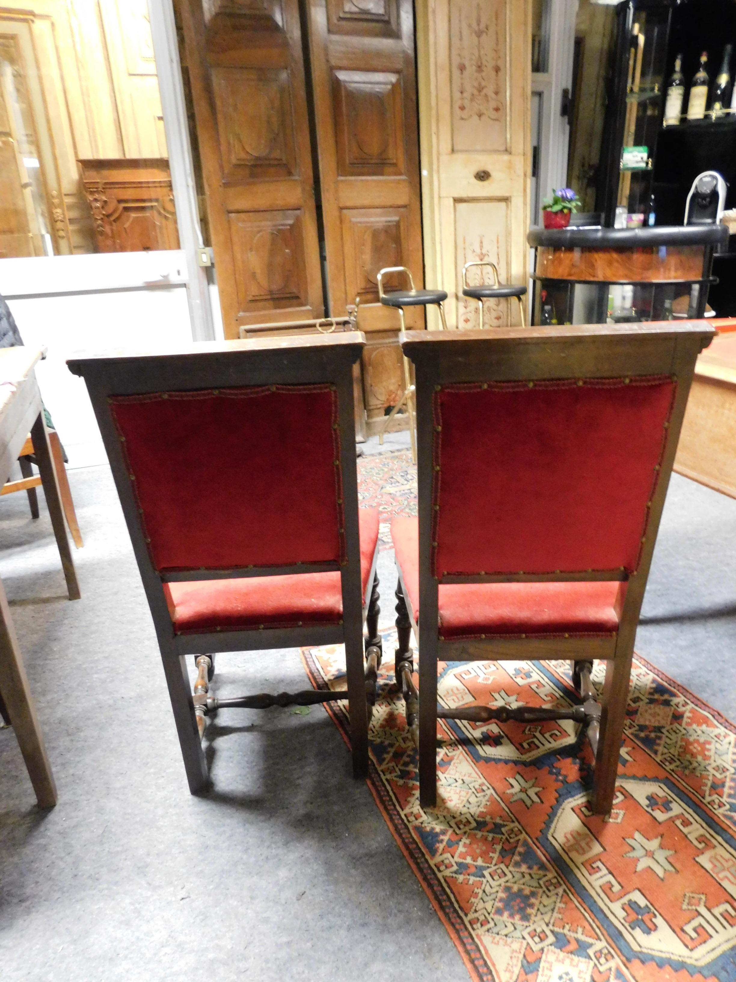 Italian 19th Century Pair of Chairs, Armchairs, Red Velvet, Wood with Frames, Italy For Sale