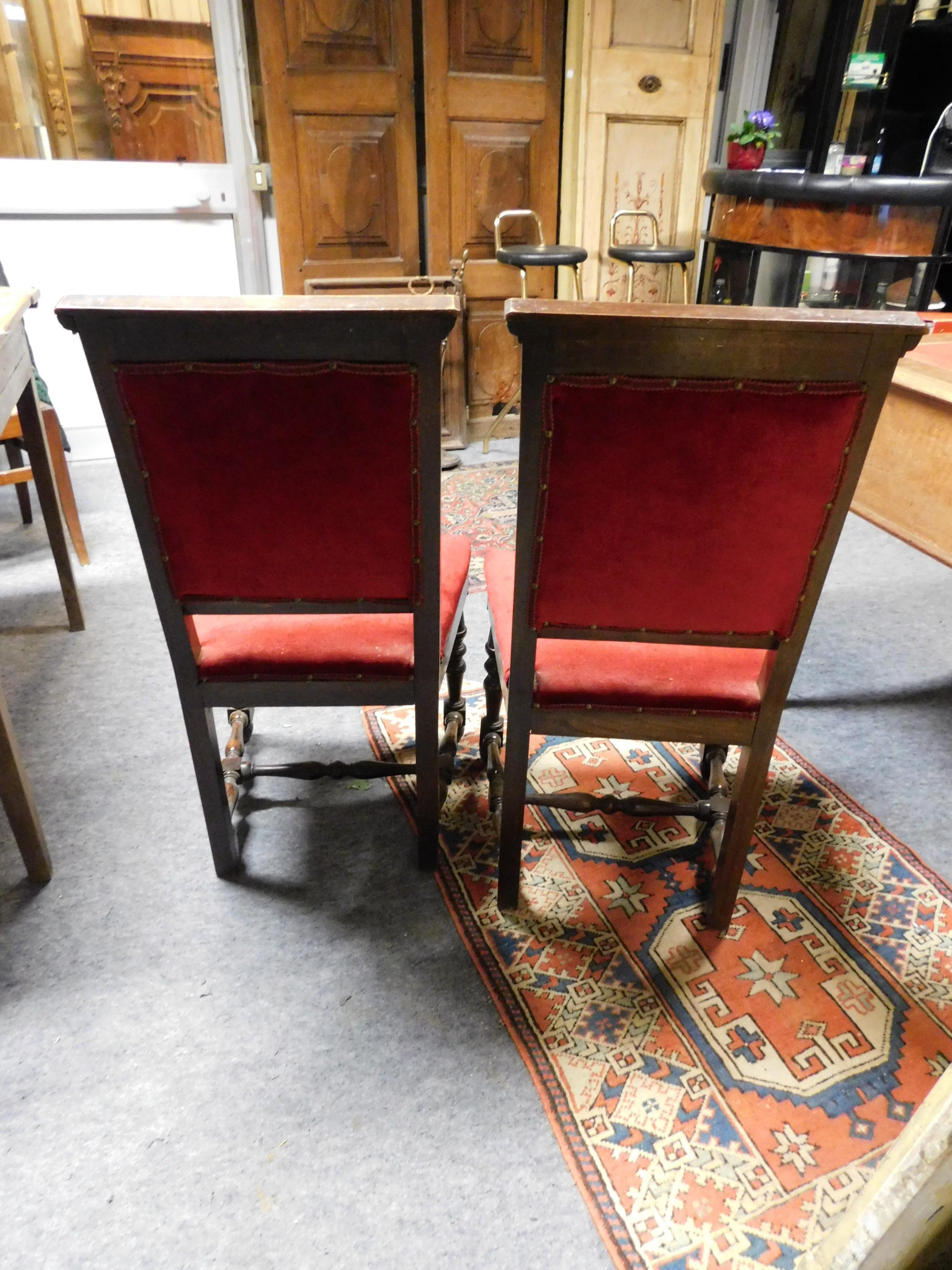 Paire de chaises, fauteuils, velours rouge, bois avec armatures, Italie, 19e siècle en vente 2