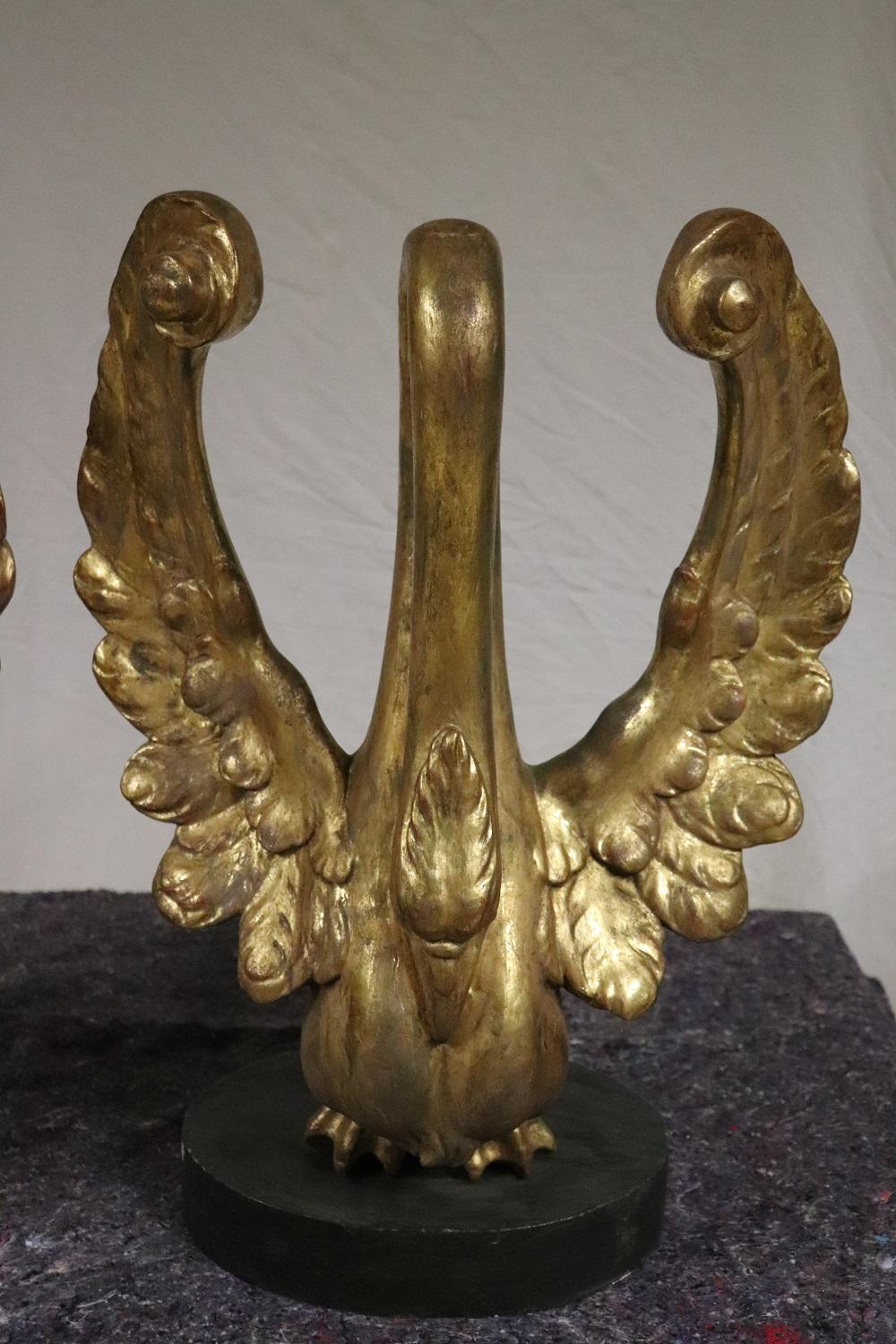 Gilt 19th Century Antique Pair of Swan Sculpture in Carved and Gilded Wood