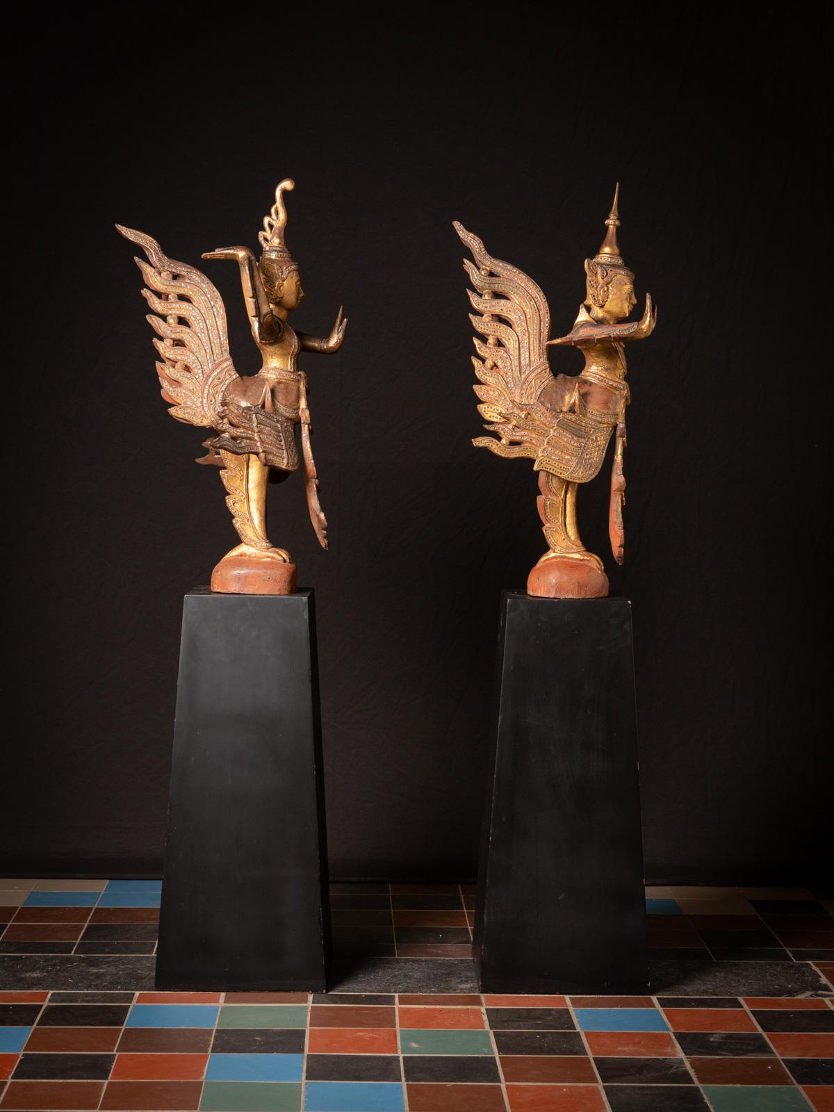 19th Century Antique pair of wooden Burmese Kinnari statues in Mandalay Style For Sale 12