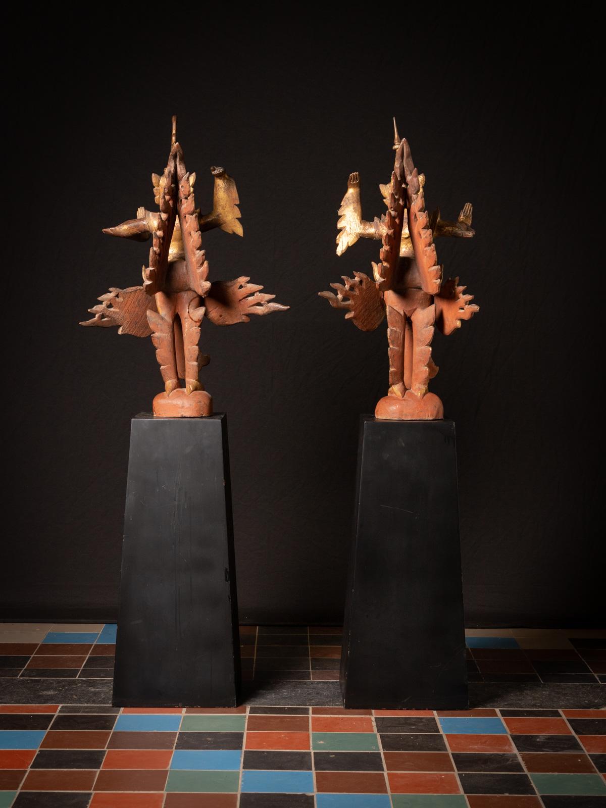 19th Century Antique pair of wooden Burmese Kinnari statues in Mandalay Style 13