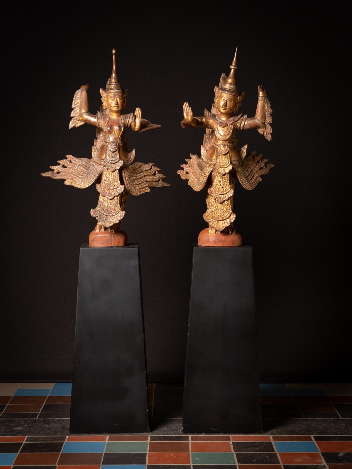 19th Century Antique pair of wooden Burmese Kinnari statues in Mandalay Style For Sale 16