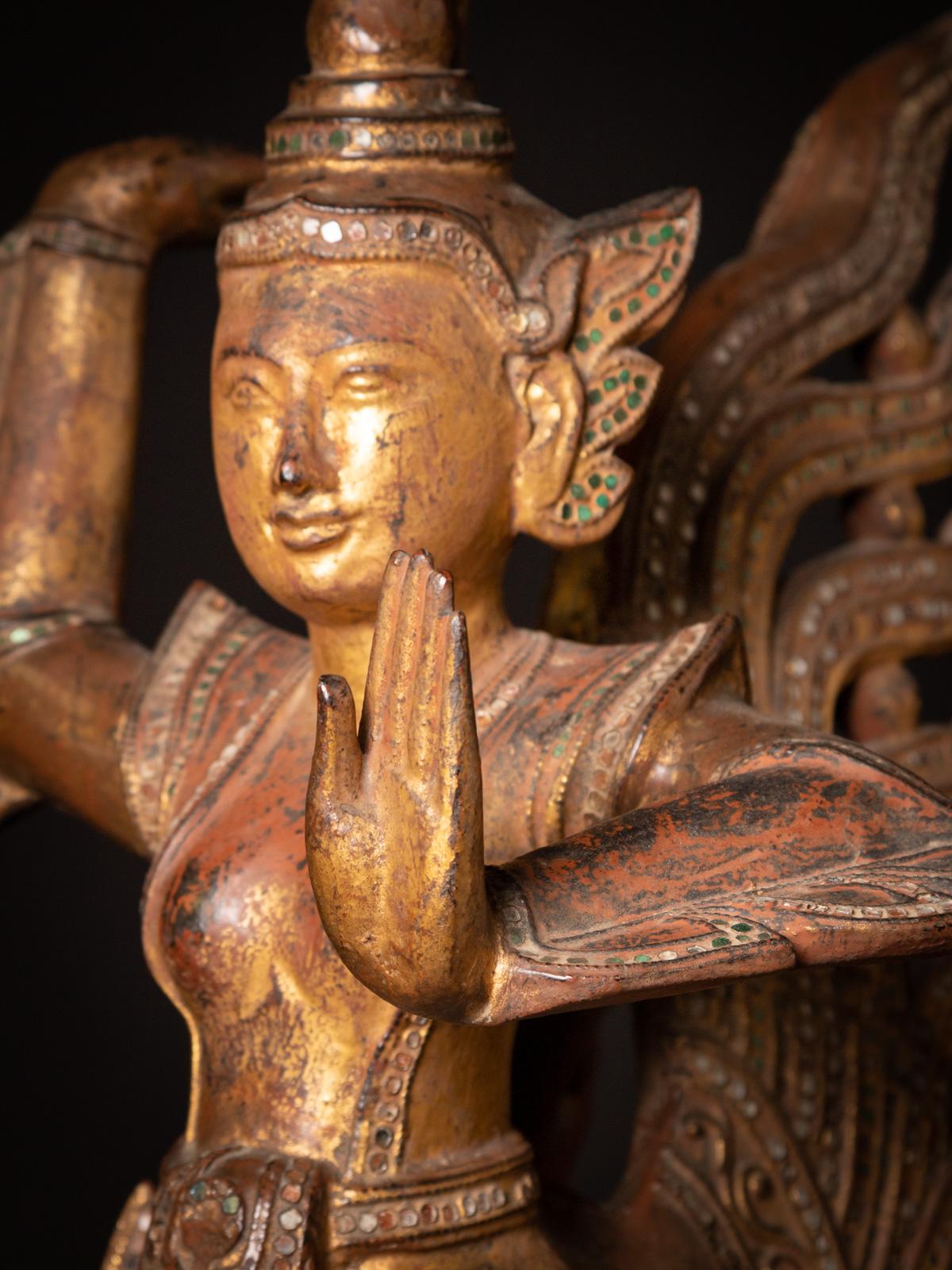 19th Century Antique pair of wooden Burmese Kinnari statues in Mandalay Style In Good Condition For Sale In DEVENTER, NL