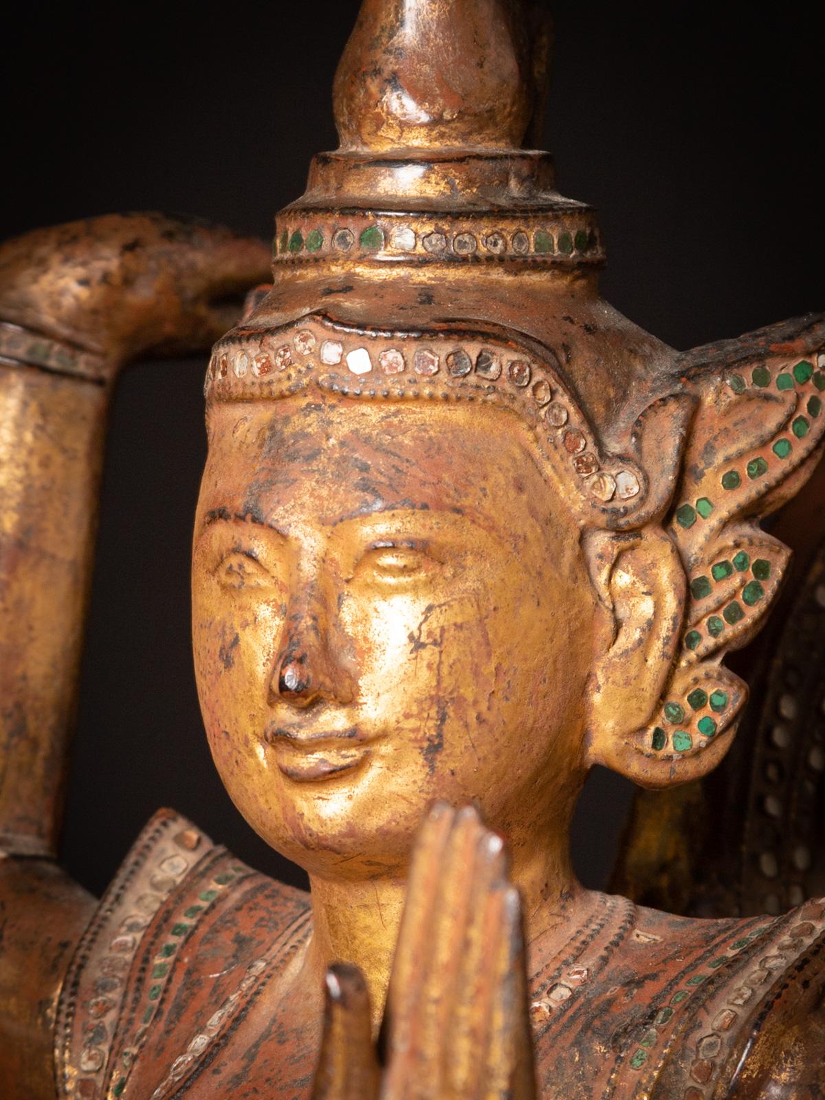 19th Century Antique pair of wooden Burmese Kinnari statues in Mandalay Style For Sale 1