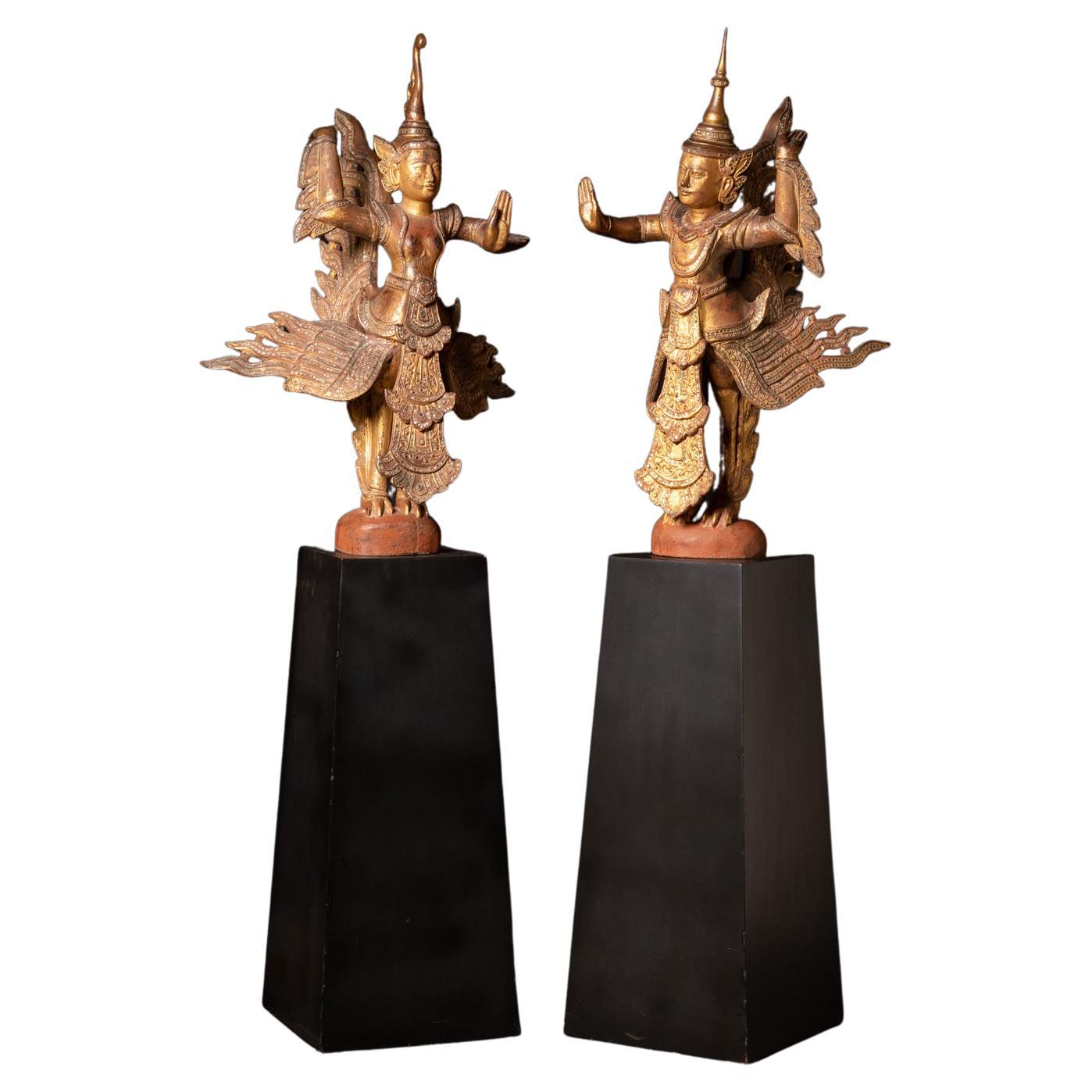 19th Century Antique pair of wooden Burmese Kinnari statues in Mandalay Style For Sale