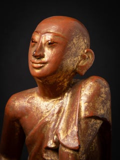 19th century Antique pair of wooden Burmese Monk statues from Burma