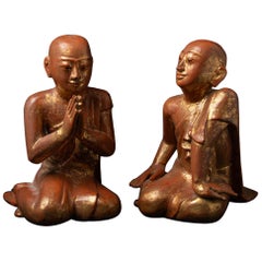 19th century Antique pair of wooden Burmese Monk statues from Burma