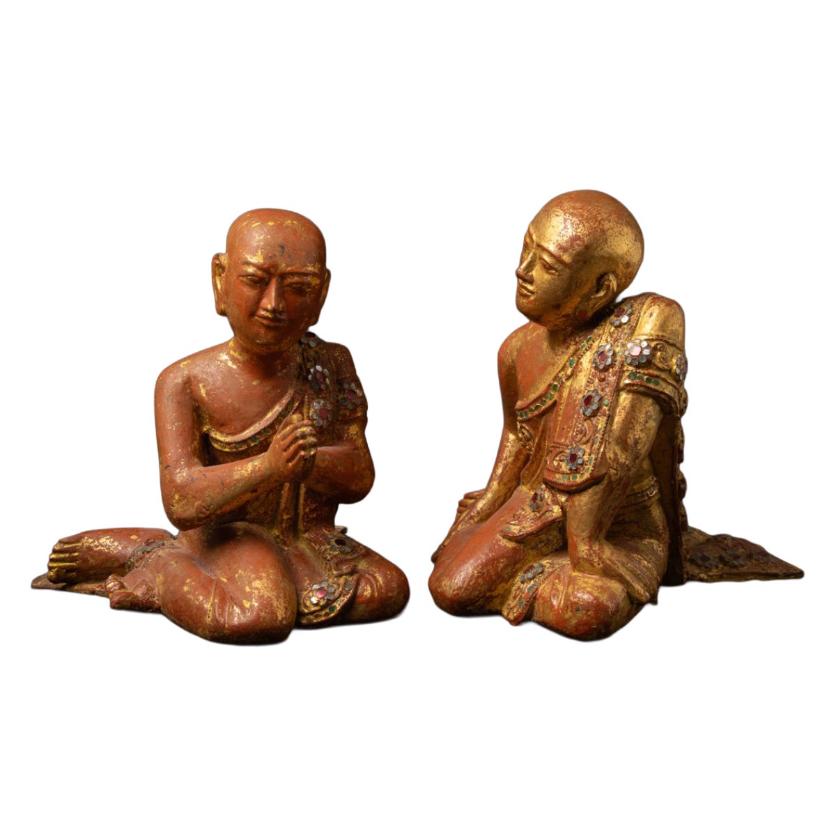19th century Antique pair of wooden Burmese Monk statues from Burma