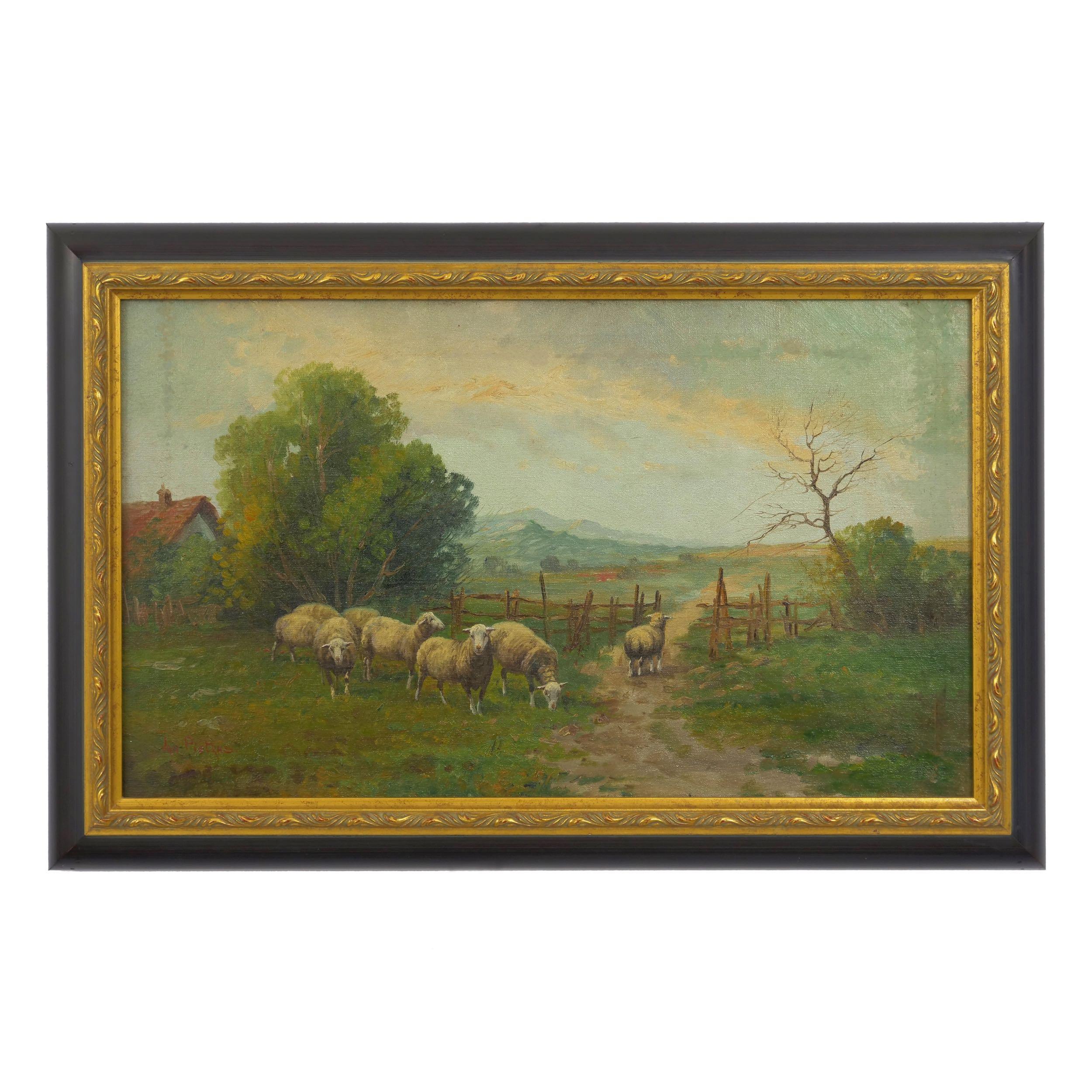 An attractive late 19th century pastoral landscape in the Barbizon taste, the scene captures eight sheep as they gather around the fence of a rural farmhouse to graze. The sky above is bright with light rippling against the cloud cover. It is signed