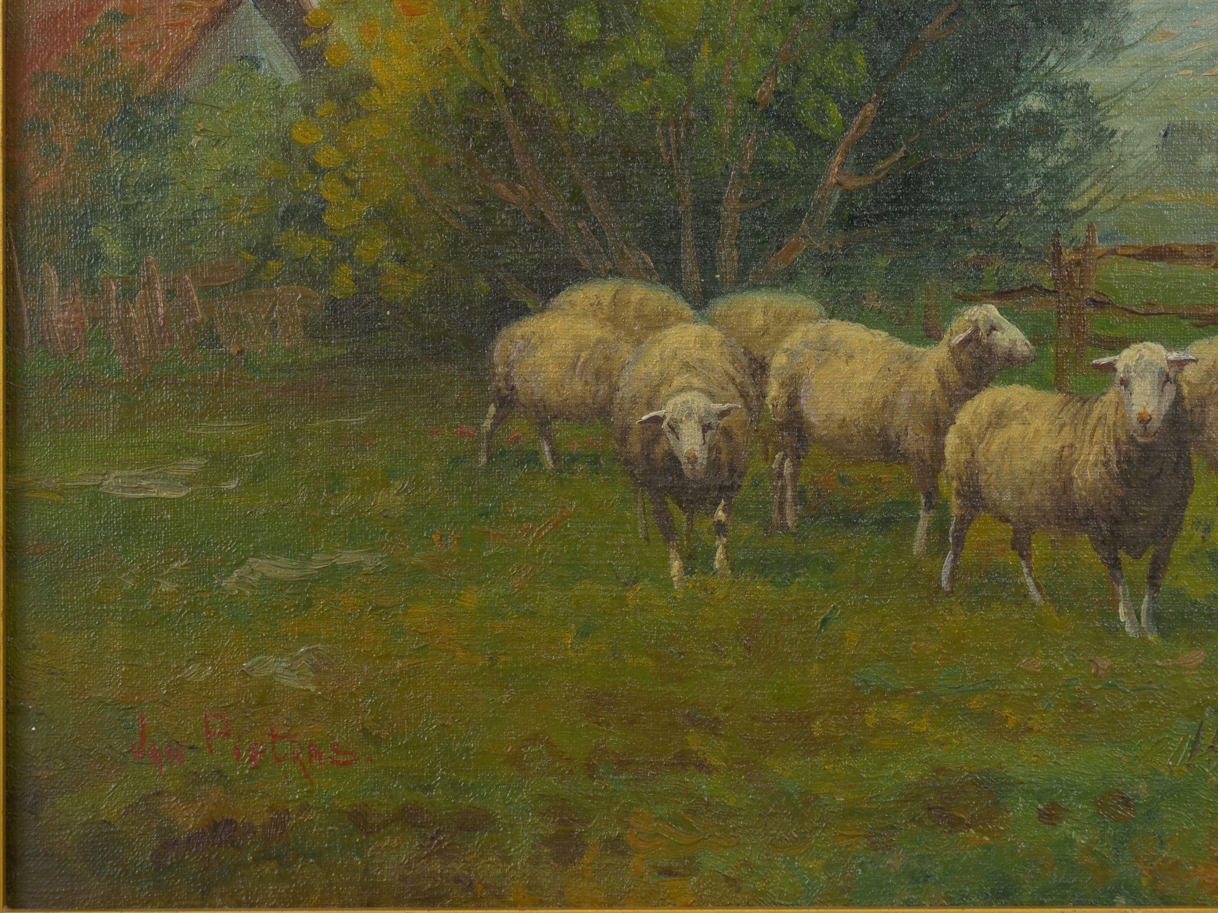 European 19th Century Antique Pastoral Landscape Painting of Sheep by Jan Pietras