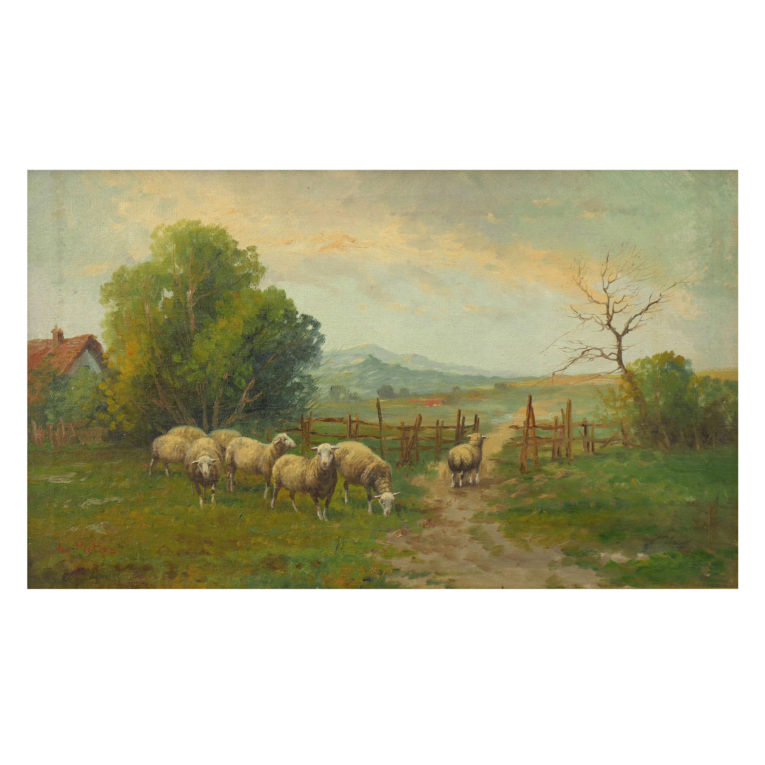 19th Century Antique Pastoral Landscape Painting of Sheep by Jan Pietras