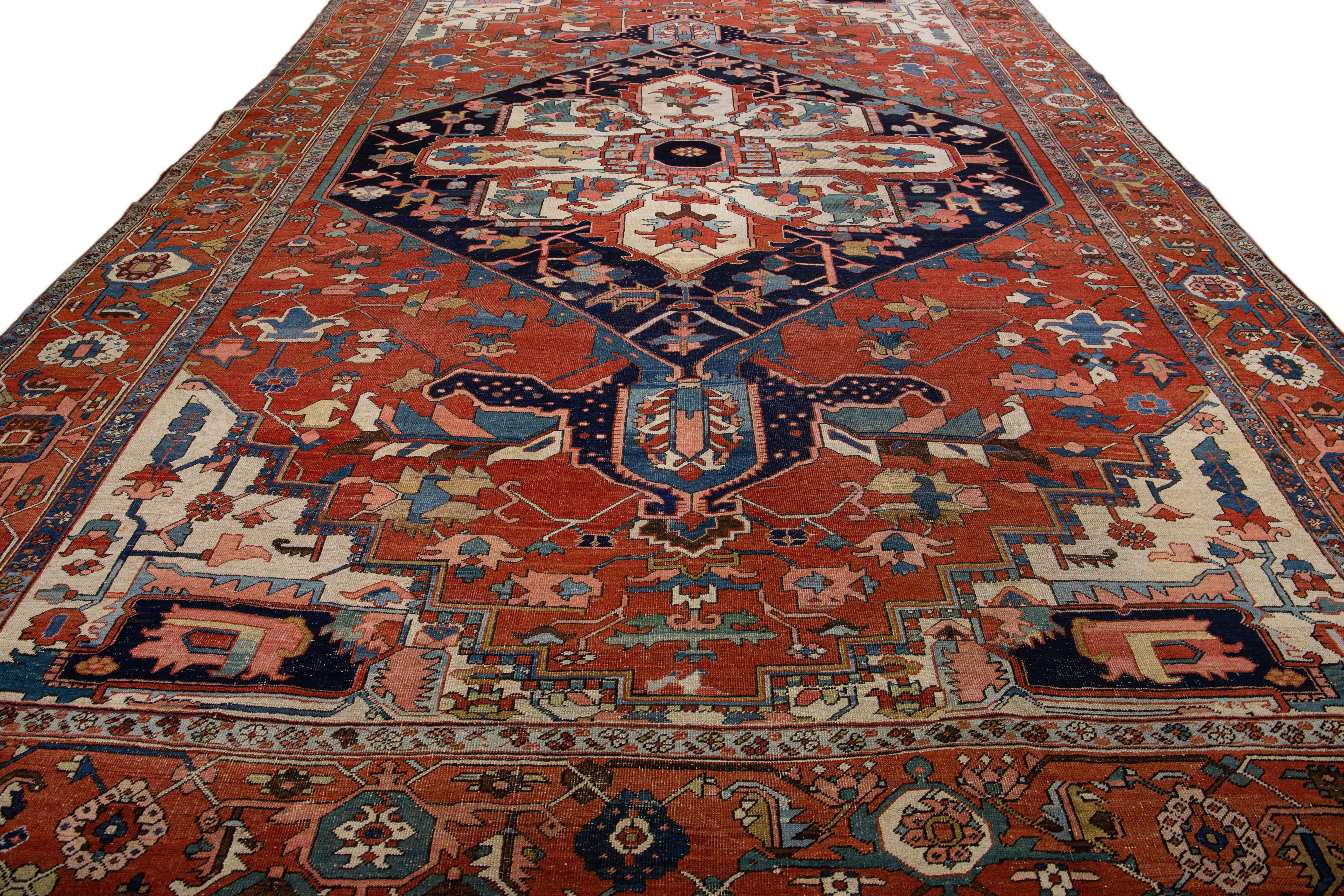 Heriz Serapi 19th Century Antique Persian Heriz Handmade Medallion Red Wool Rug For Sale