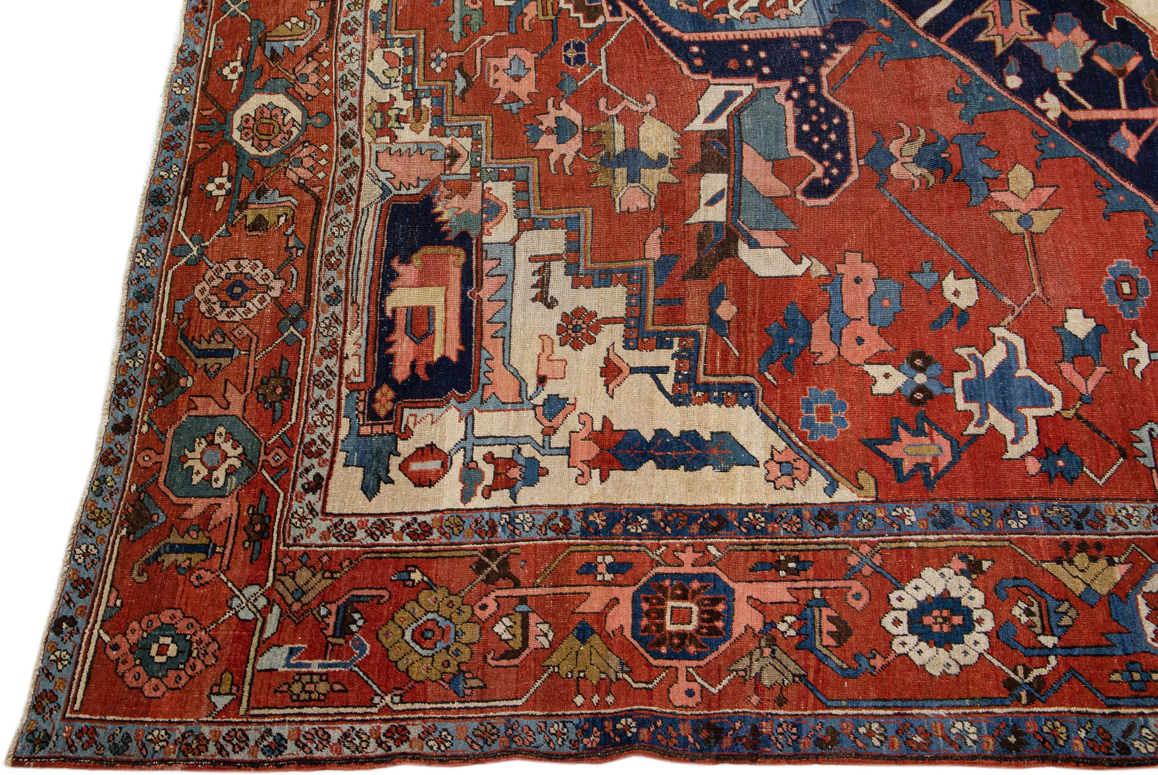 Hand-Knotted 19th Century Antique Persian Heriz Handmade Medallion Red Wool Rug For Sale