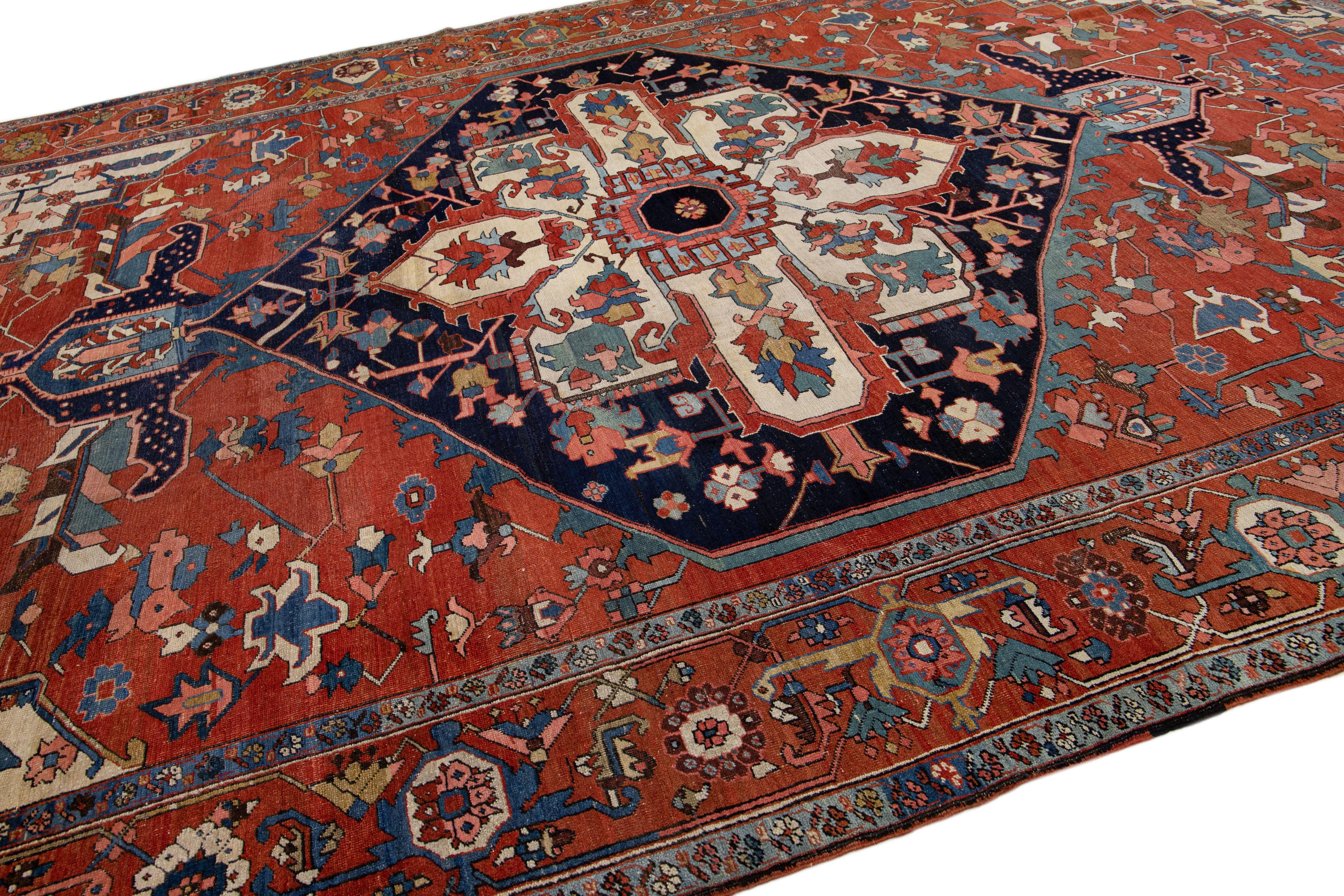 19th Century Antique Persian Heriz Handmade Medallion Red Wool Rug In Good Condition For Sale In Norwalk, CT