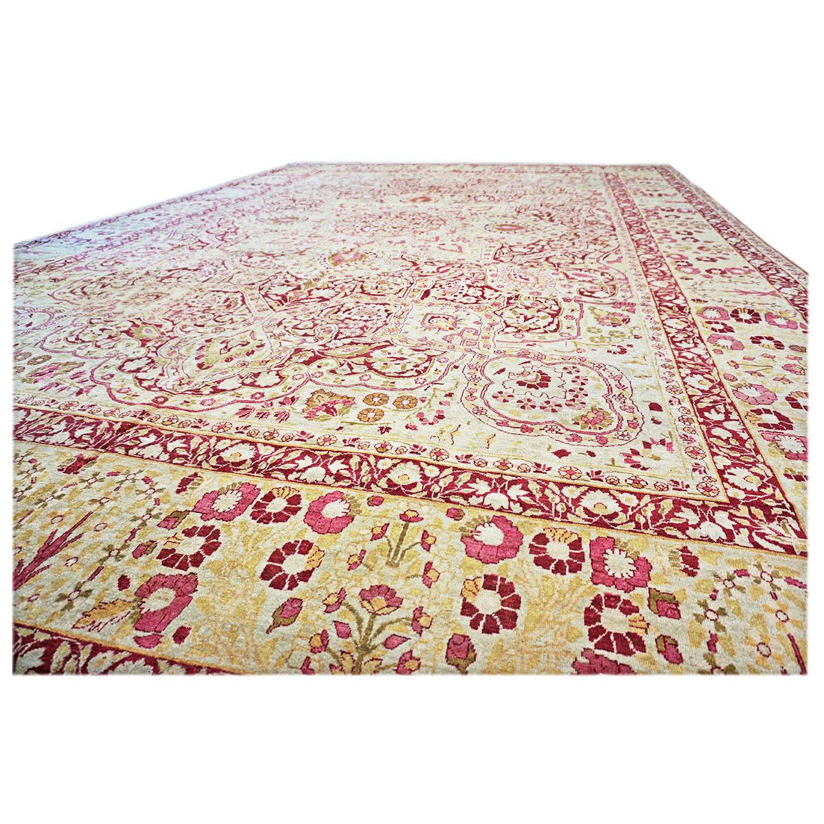 Hand-Woven 19th Century Antique Persian Kerman Lavar 10x16 Pink & Ivory Handmade Wool Rug For Sale
