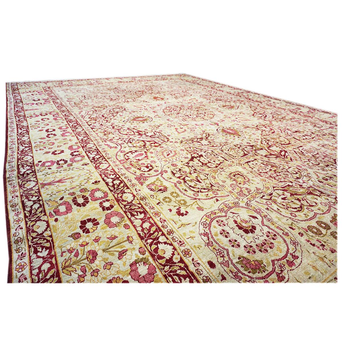19th Century Antique Persian Kerman Lavar 10x16 Pink & Ivory Handmade Wool Rug In Fair Condition For Sale In Houston, TX