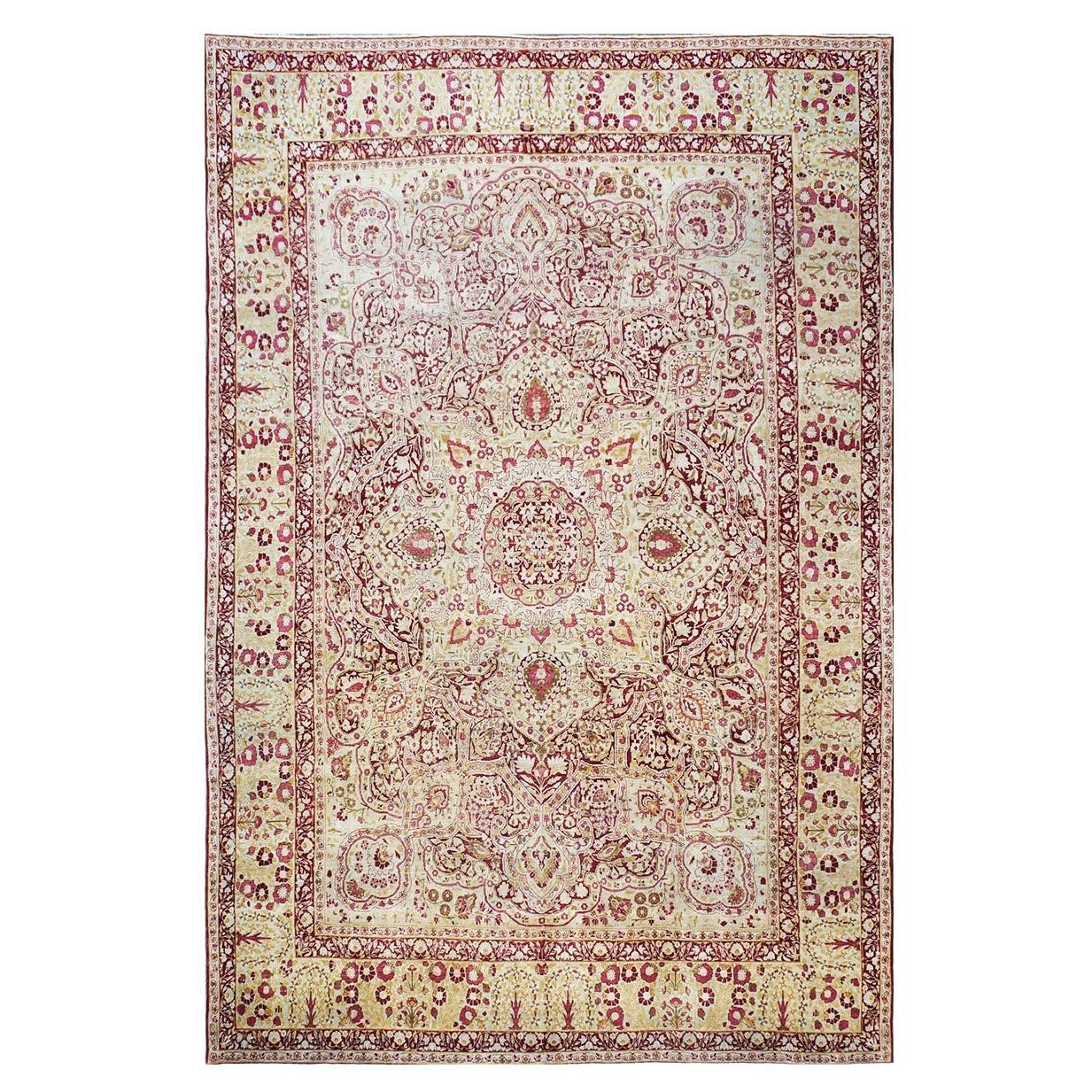 19th Century Antique Persian Kerman Lavar 10x16 Pink & Ivory Handmade Wool Rug