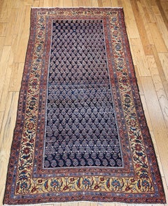 19th Century Antique Hand-Knotted Malayer Gallery Rug, Wool, Navy Blue, Yellow