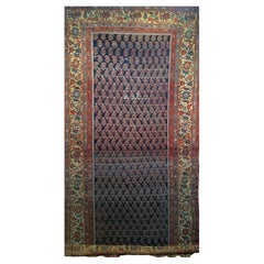 19th Century Antique Hand-Knotted Malayer Gallery Rug, Wool, Navy Blue, Yellow
