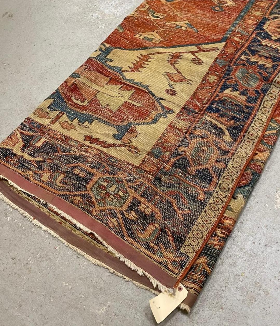 Wool 19th Century Antique Persian Serapi Carpet Handmade Oriental Rug For Sale