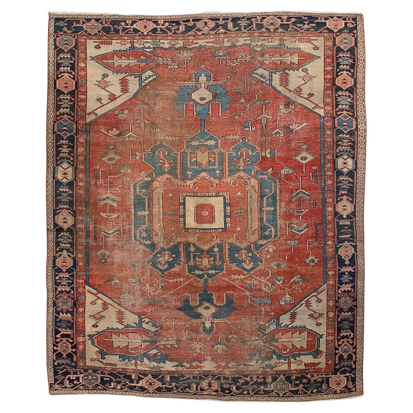 19th Century Antique Persian Serapi Carpet Handmade Oriental Rug For Sale
