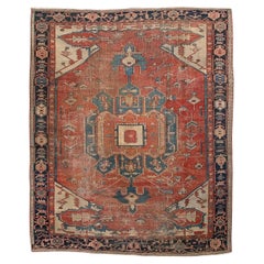 19th Century Used Persian Serapi Carpet Handmade Oriental Rug