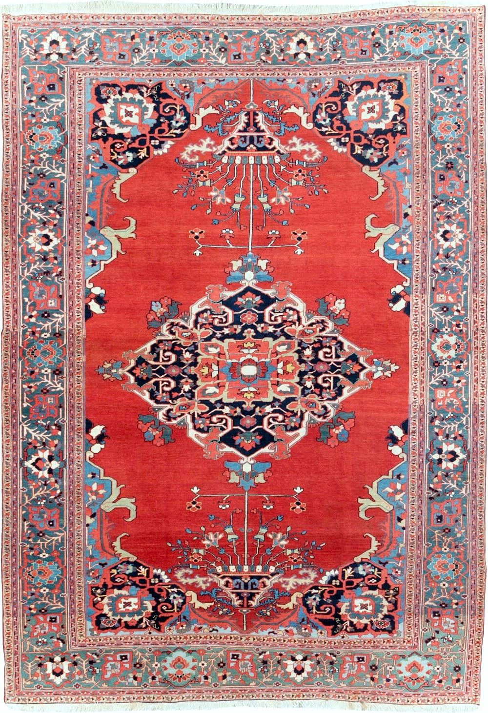 An extraordinary, authentic late 19th century Persian Heriz Serapi rug. Full Pile Condition throuhgout 

Measures: 7'8'' x 11'1''

The Serapi rug can be traced back to the beginning of Persian handmade rug production in 5,500 B.C., but it was