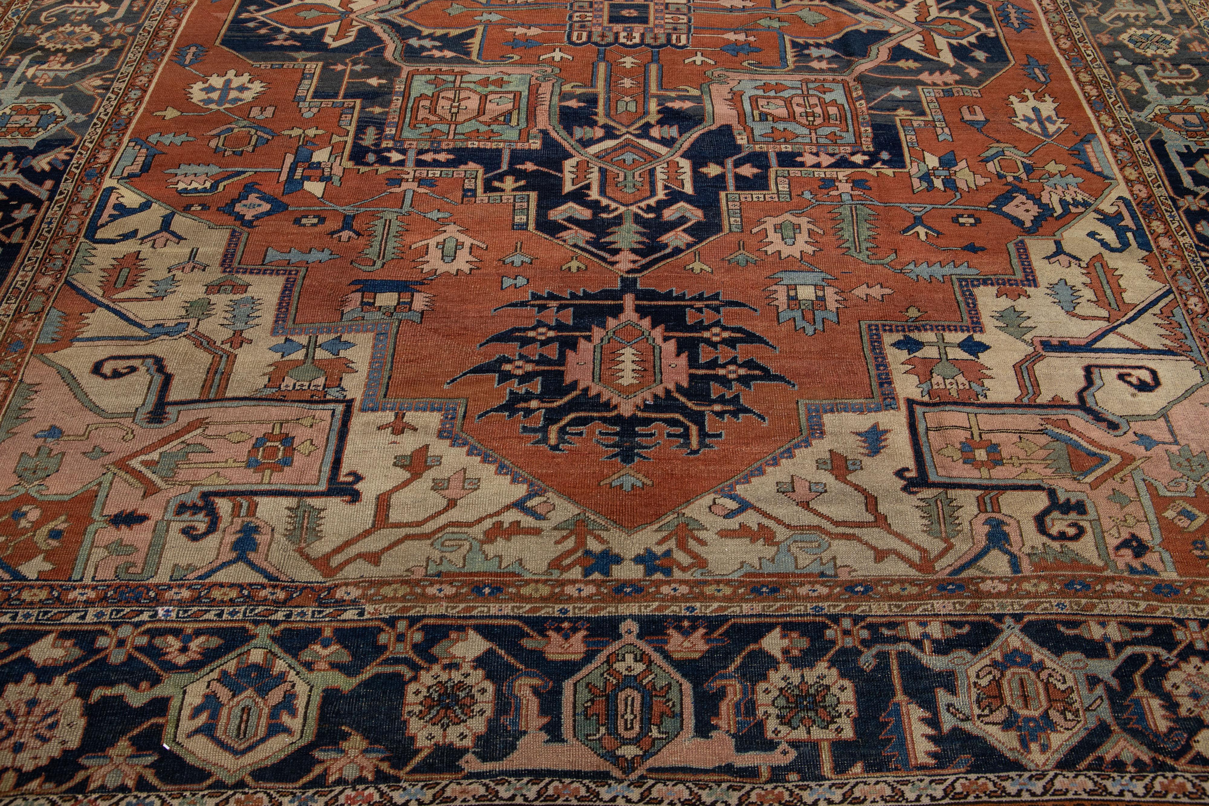 Hand-Knotted 19th Century Antique Persian Serapi Rust Handmade Wool Rug With Allover Design For Sale