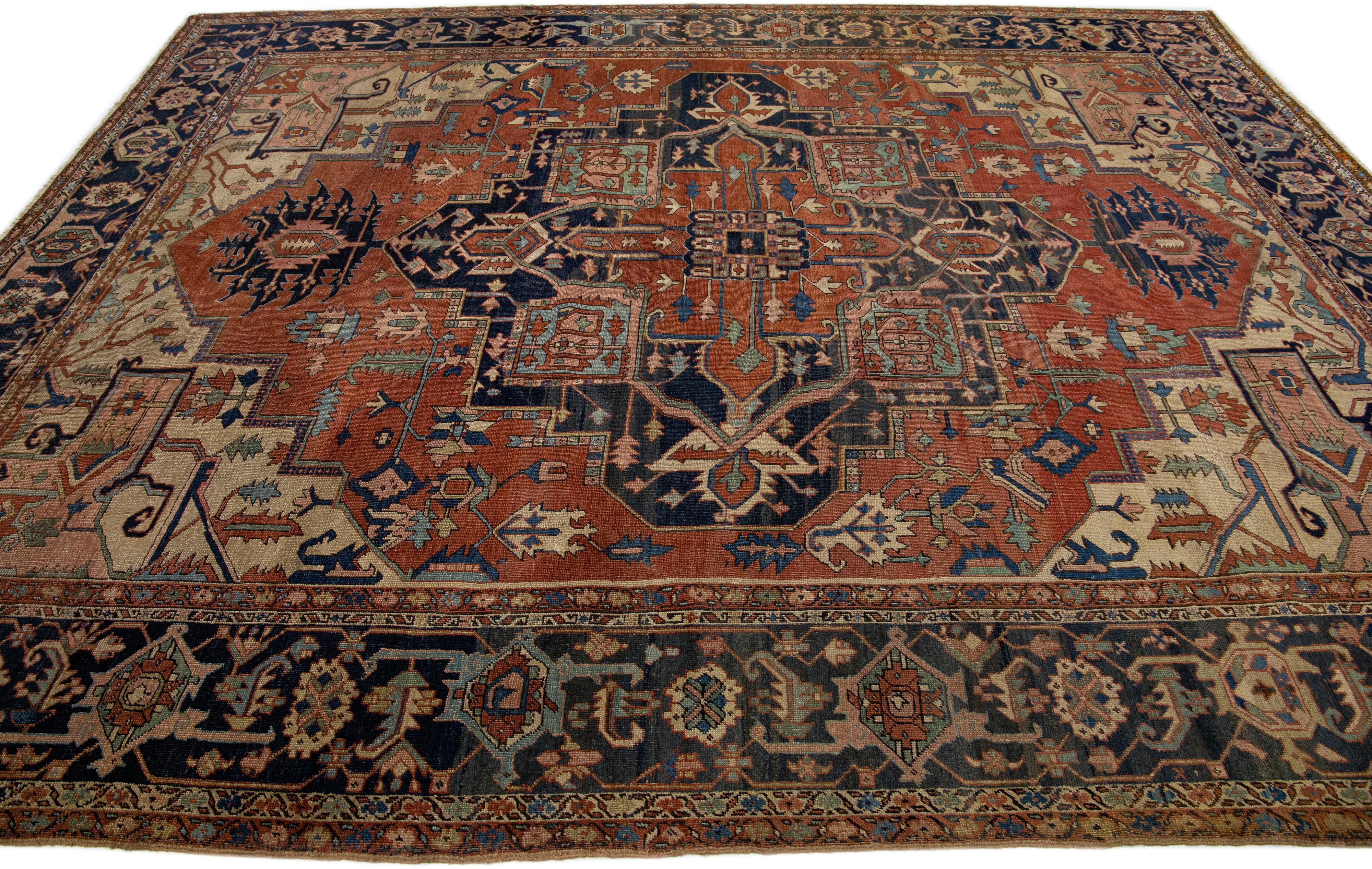 19th Century Antique Persian Serapi Rust Handmade Wool Rug With Allover Design For Sale 1