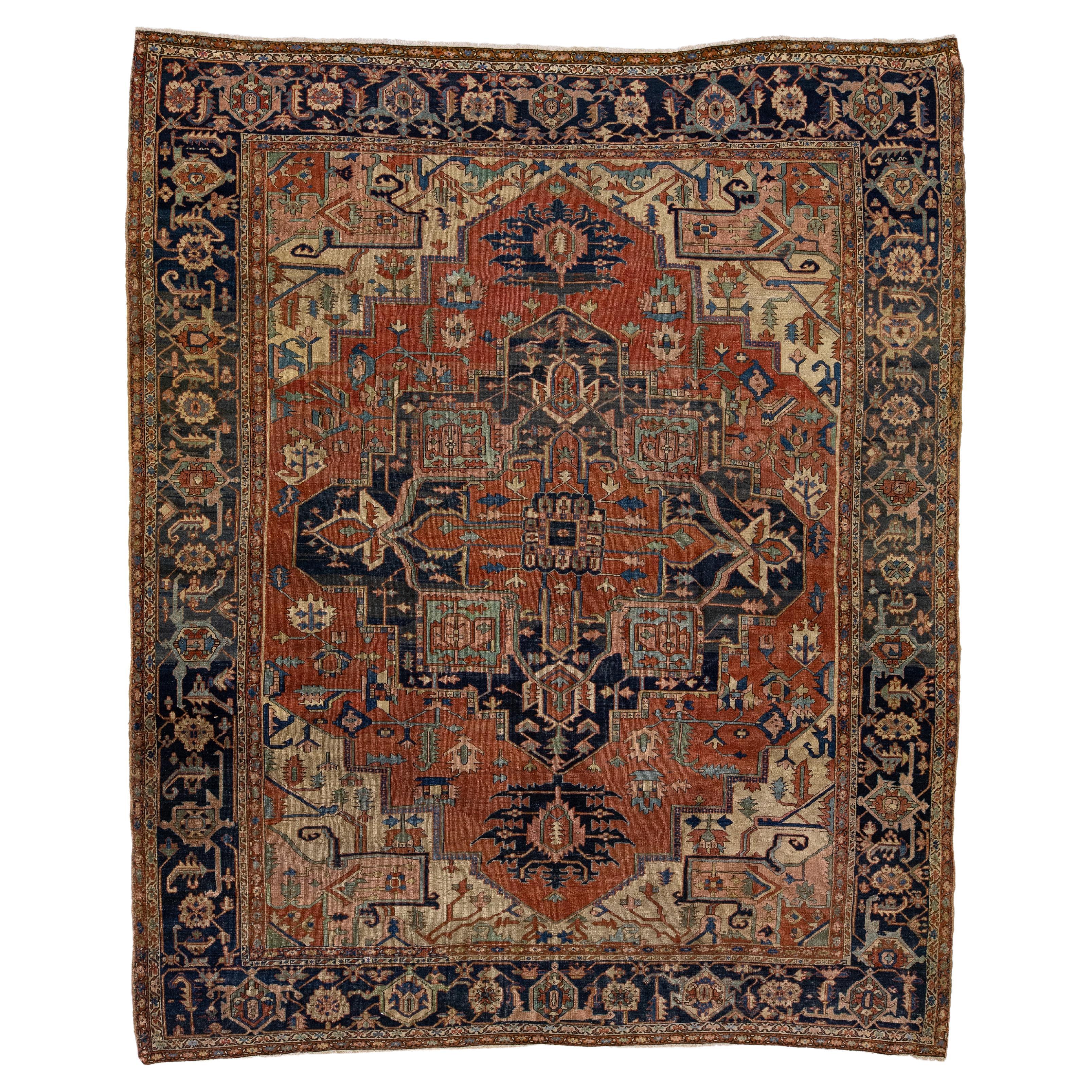 19th Century Antique Persian Serapi Rust Handmade Wool Rug With Allover Design