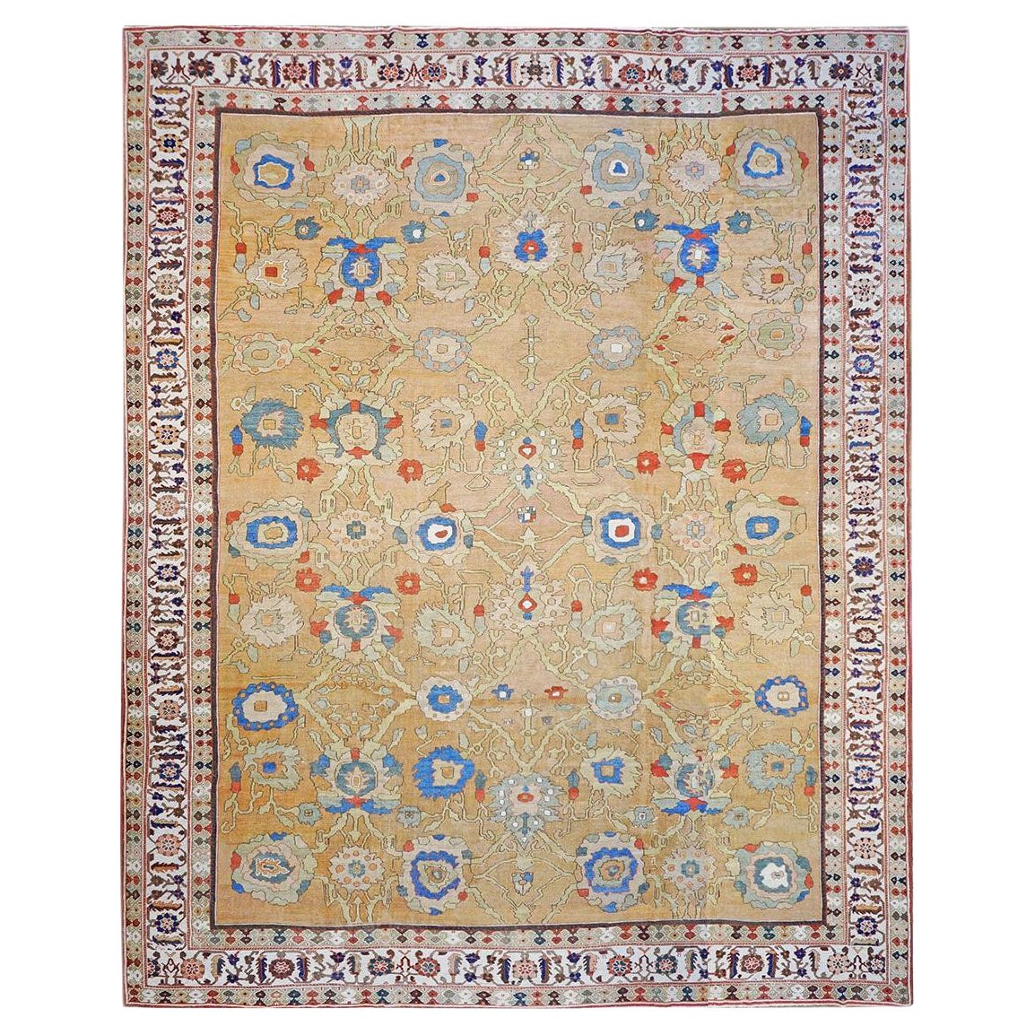Antiker persischer Sultanabad-Teppich aus dem 19. Jahrhundert, 15x19, hellbraun, rostfarben und blau, handgefertigt im Angebot
