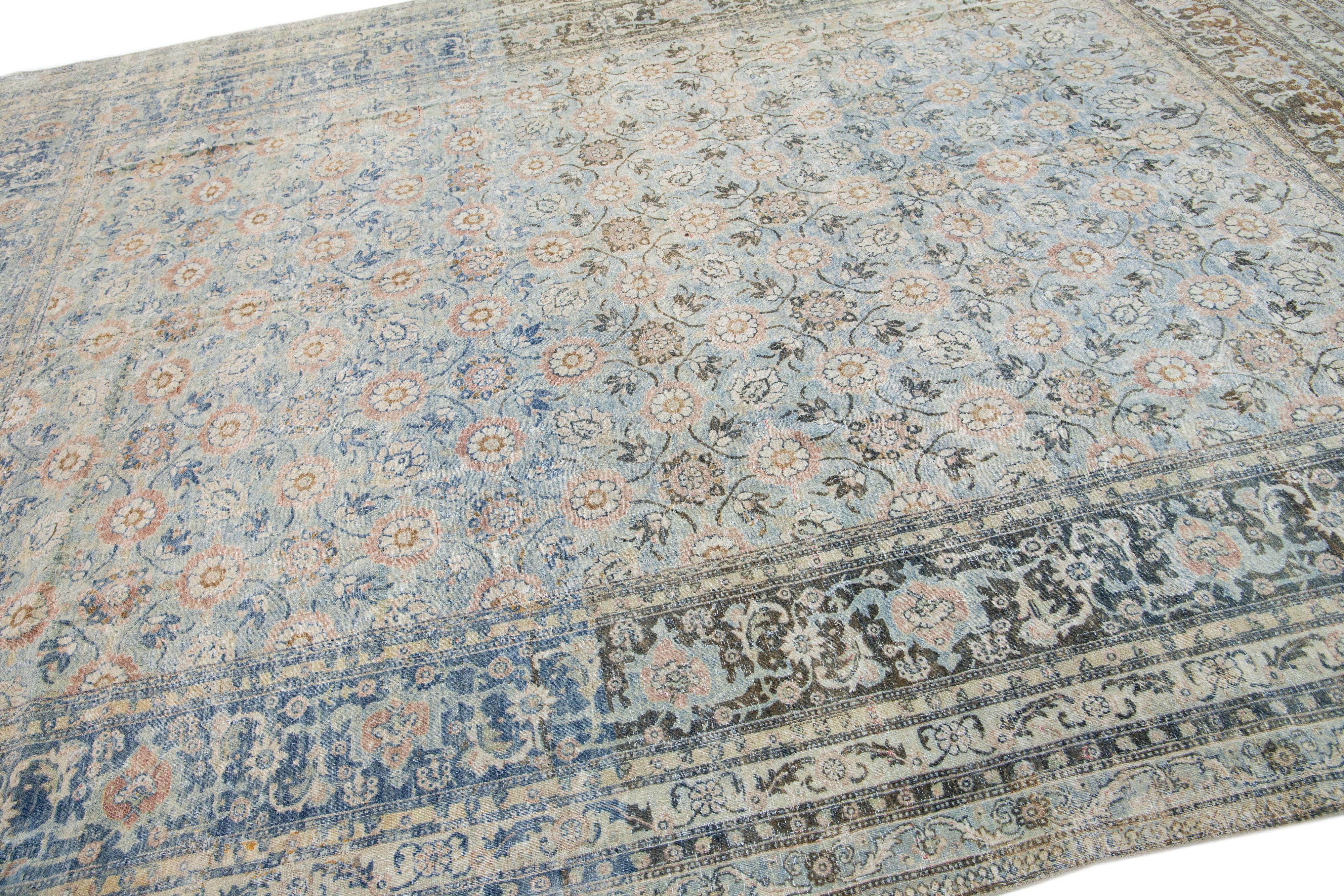 19th Century Antique Persian Tabriz Wool Rug Handmade Blue with Floral Motif In Good Condition For Sale In Norwalk, CT