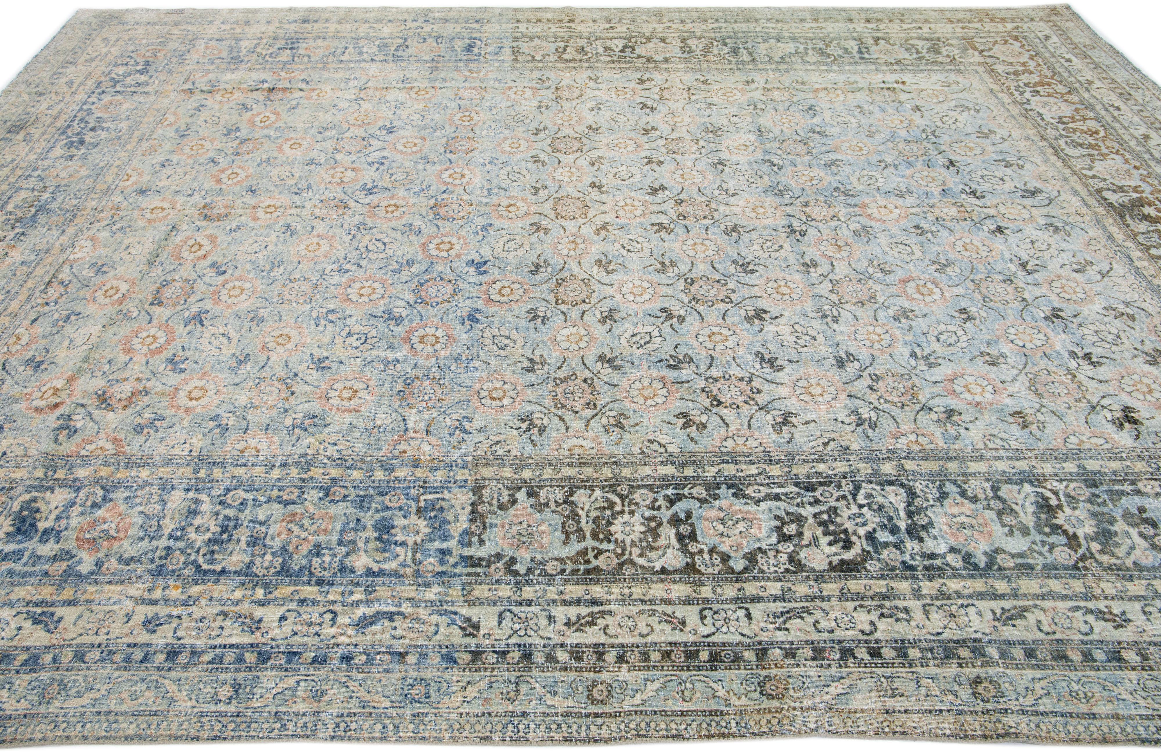 19th Century Antique Persian Tabriz Wool Rug Handmade Blue with Floral Motif For Sale 1