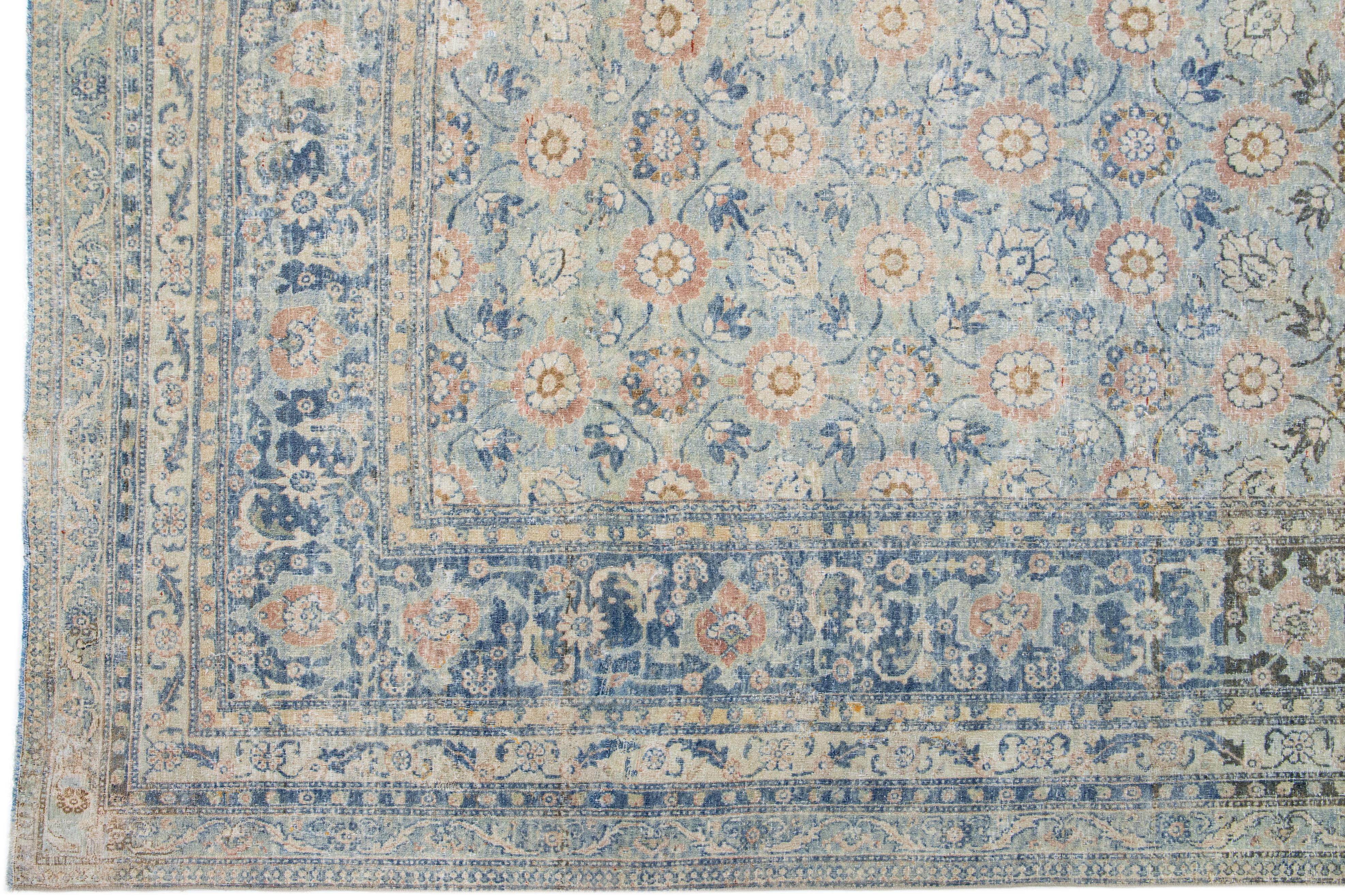 19th Century Antique Persian Tabriz Wool Rug Handmade Blue with Floral Motif For Sale 2