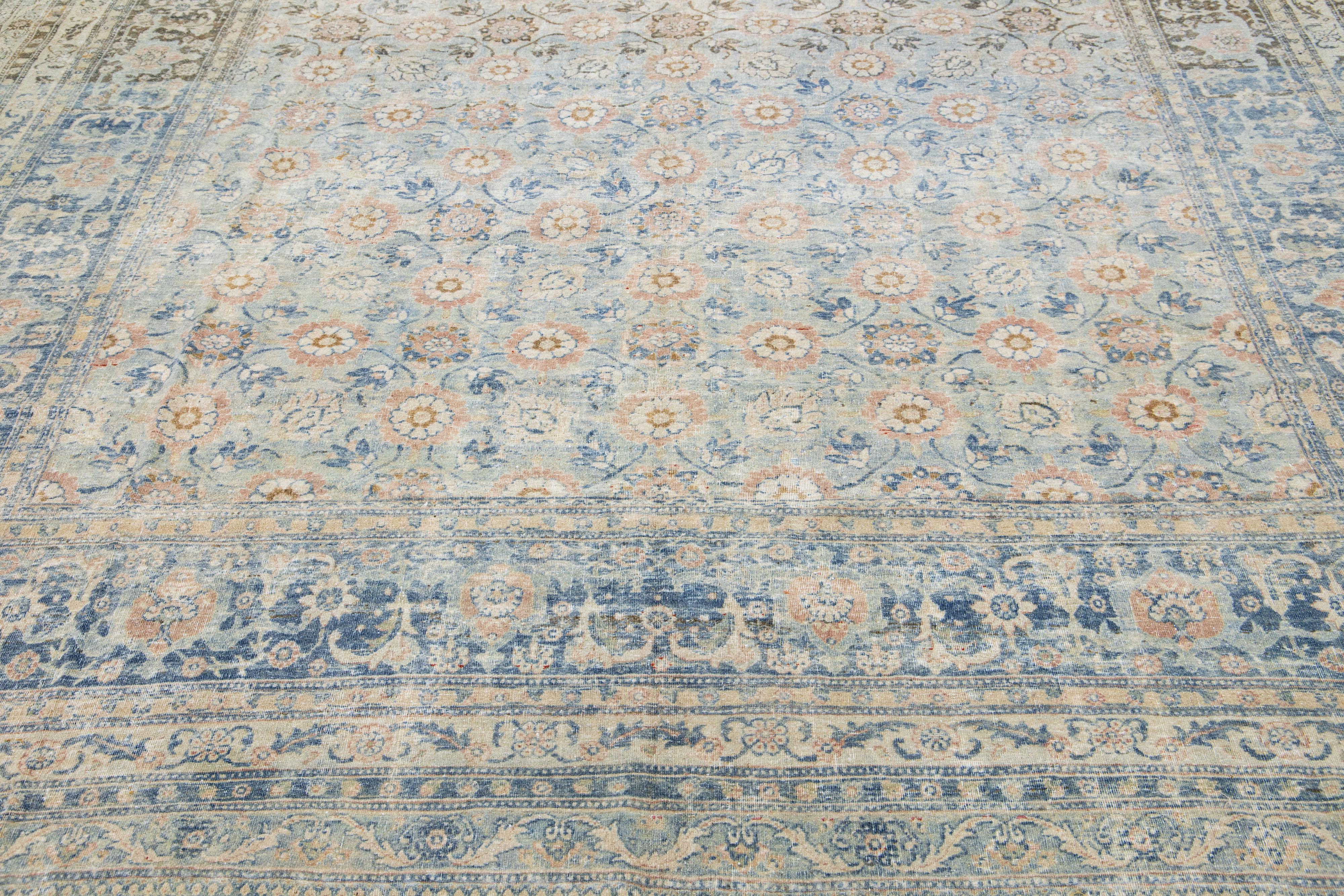 19th Century Antique Persian Tabriz Wool Rug Handmade Blue with Floral Motif For Sale 3