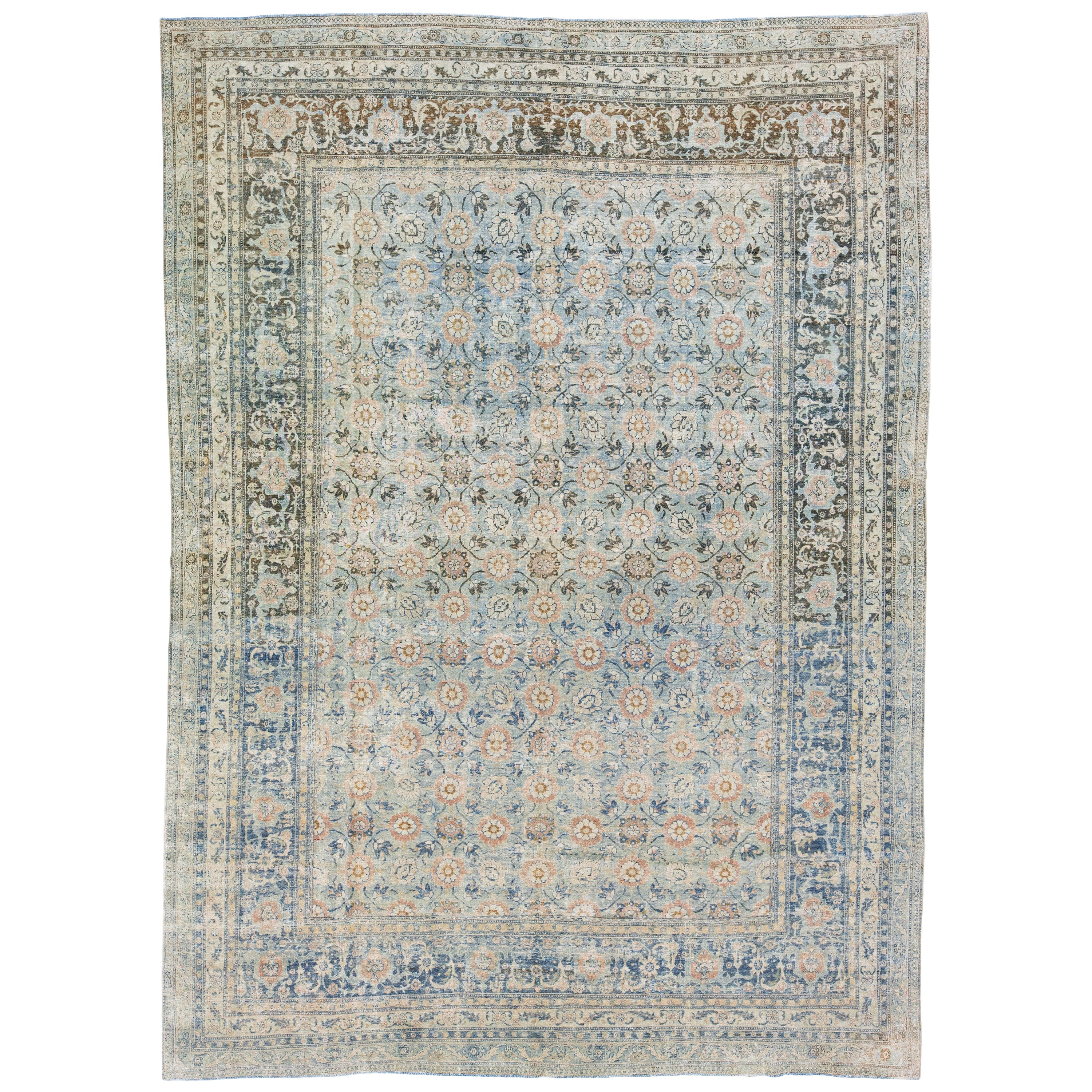 Tappeto antico di lana persiana Tabriz del XIX secolo, fatto a mano, blu con motivi floreali