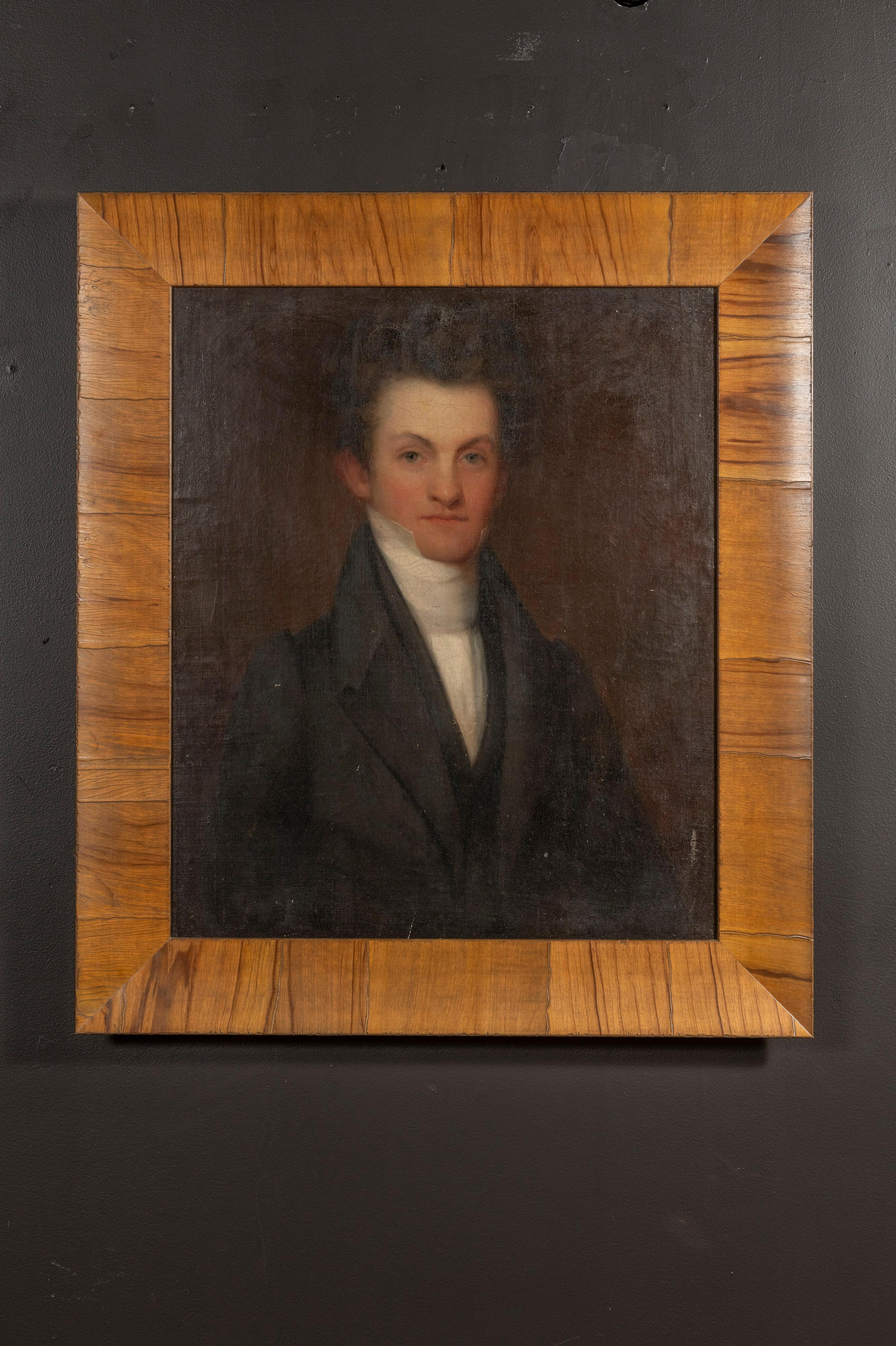 Portrait ancien à l'huile sur toile d'un gentleman virginien inconnu du 19e siècle, magnifiquement encadré pour conserver son sens de l'époque et de l'endroit. Riche en coups de pinceau et en patine. Non signée. 