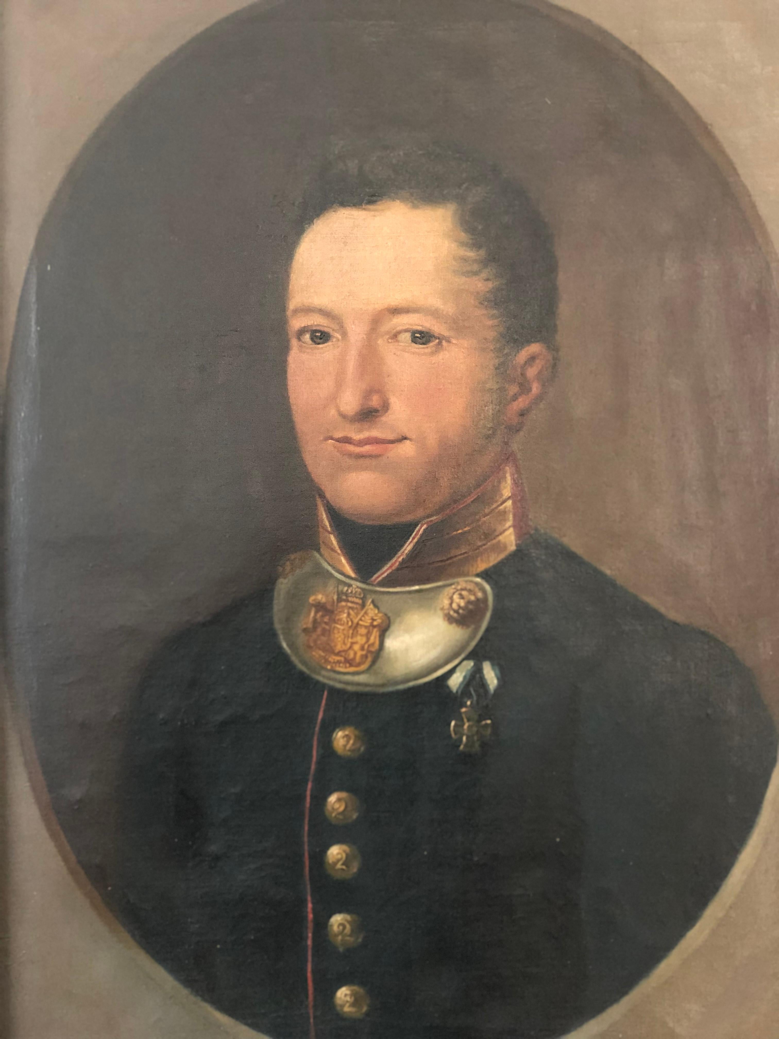 This elegant 19th‑century oil portrait painting presents the aristocrat Adam Franz Bernhard, Baron von Hirschberg, Lord of the condominium at Ebnath and Schwarzenreuth and Royal Bavarian Lieutenant Colonel (1783–1864). 

He is dressed in a full