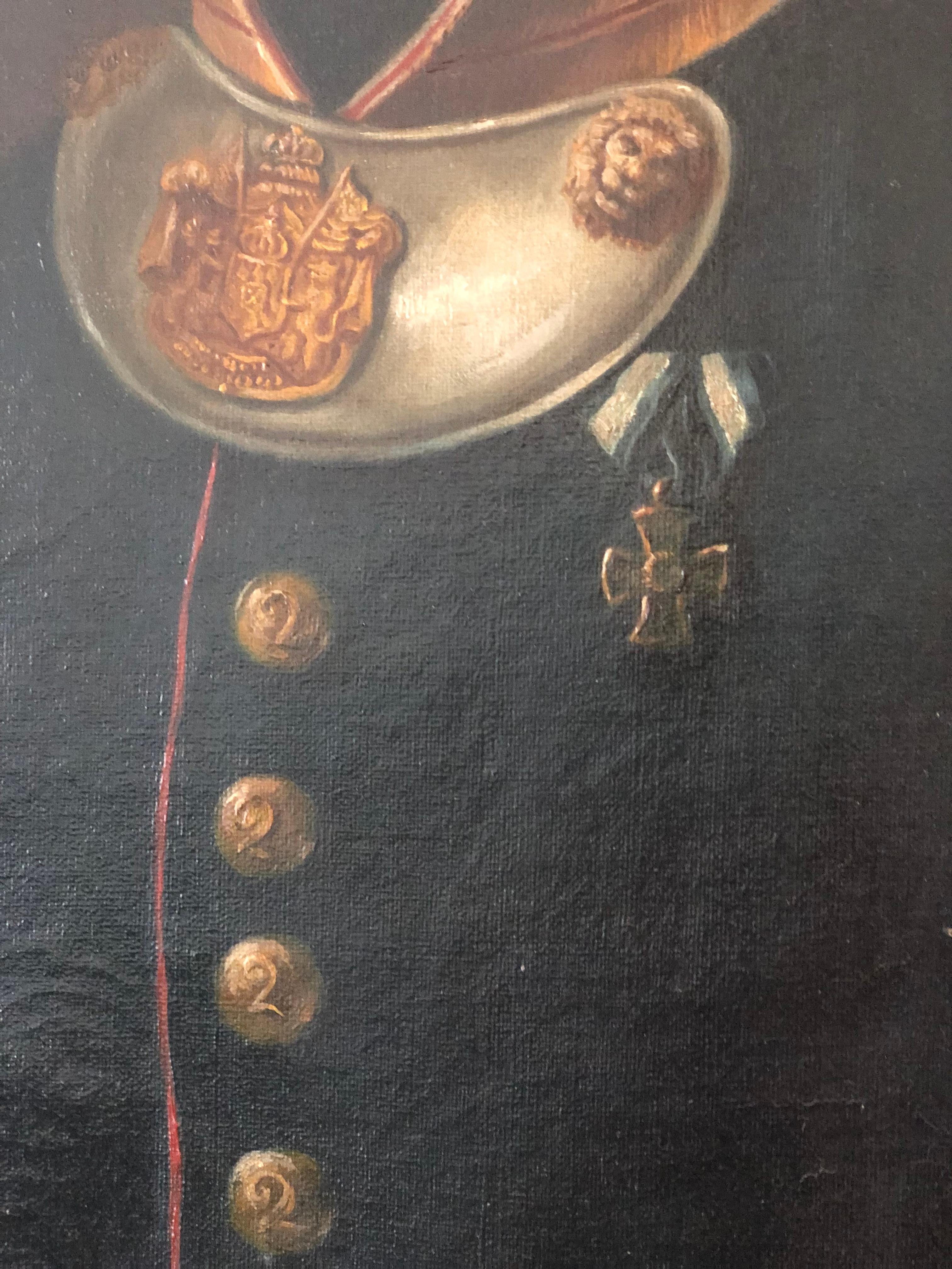 Hand-Carved 19th Century Antique Portrait Painting of a German Baron in Military Uniform For Sale