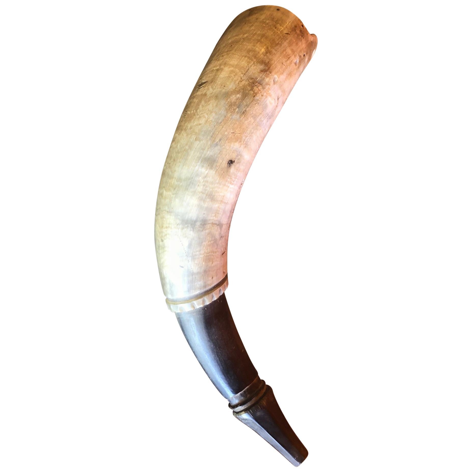 19th Century Antique Powder Horn with Scrimshaw For Sale