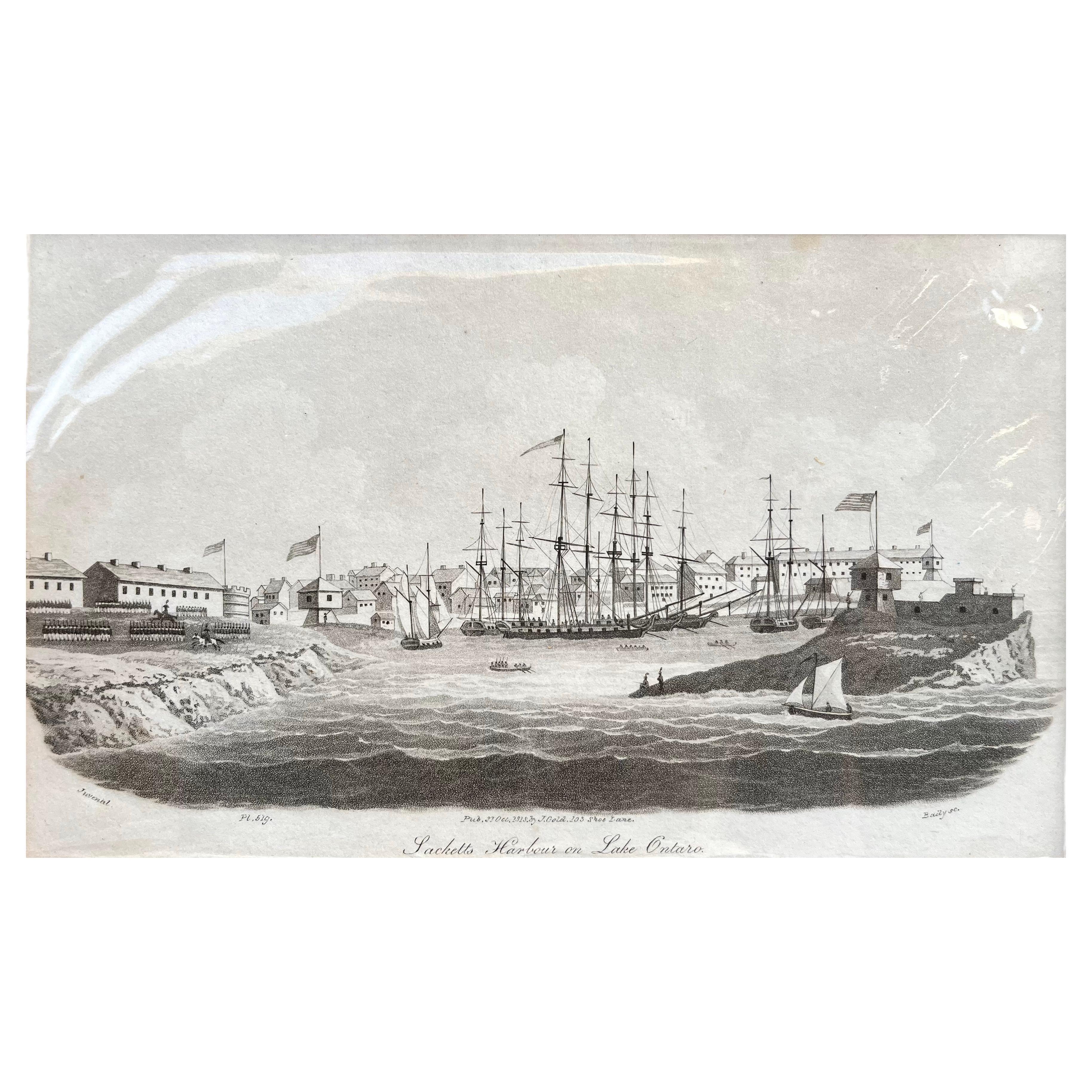 19th Century Antique Print of Sackett’s Harbour on Lake Ontario, Steel Engraving