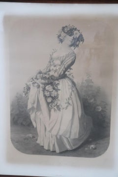 19th Century Antique Print Young Girl with Flowers