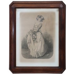 19th Century Antique Print Young Girl with Flowers