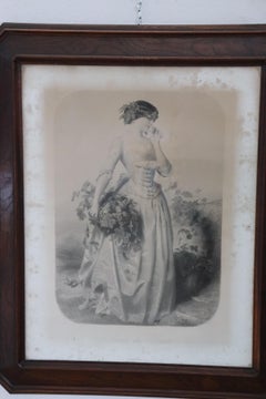 19th Century Antique Print Young Girl with Fruit
